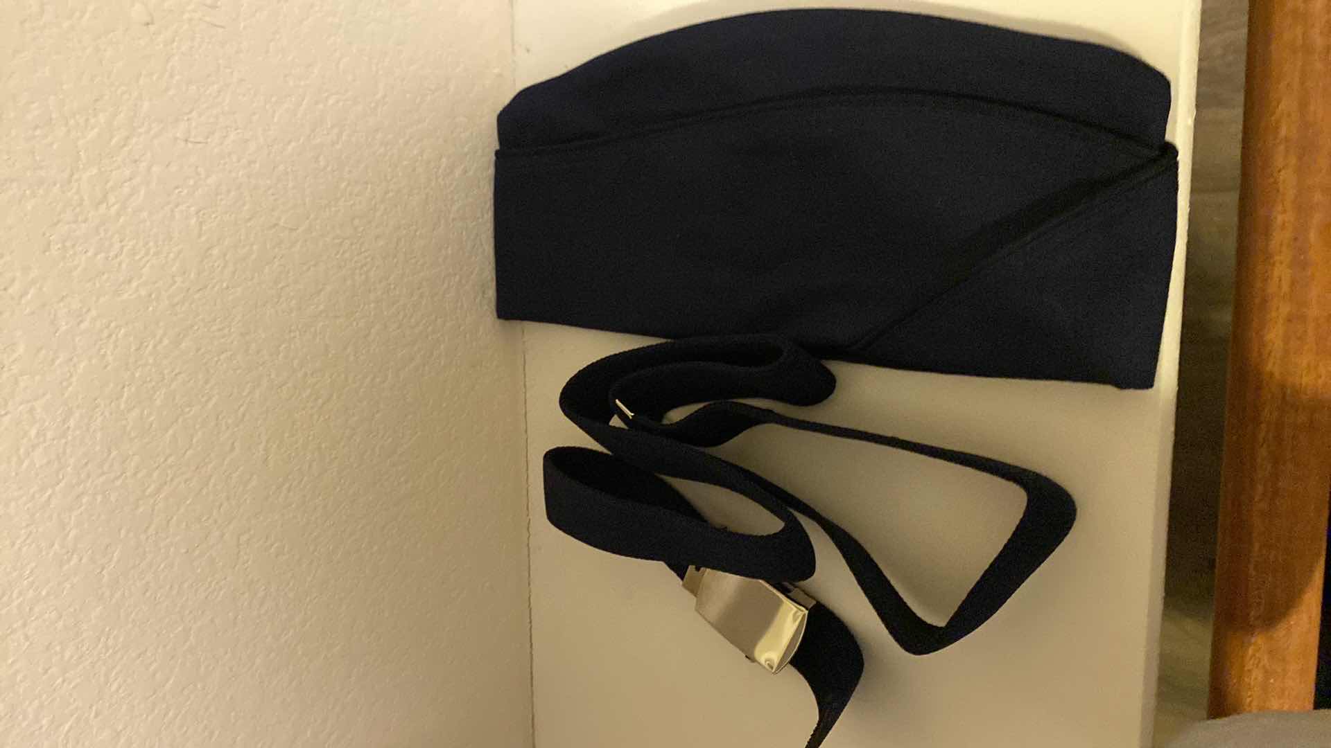 Photo 1 of COAT MANS AIR FORCE BLUE SIZE LARGE REGULAR, SHIRT 17 1/2 36 AND SLACKS 37 CL WITH HAT AND BELT