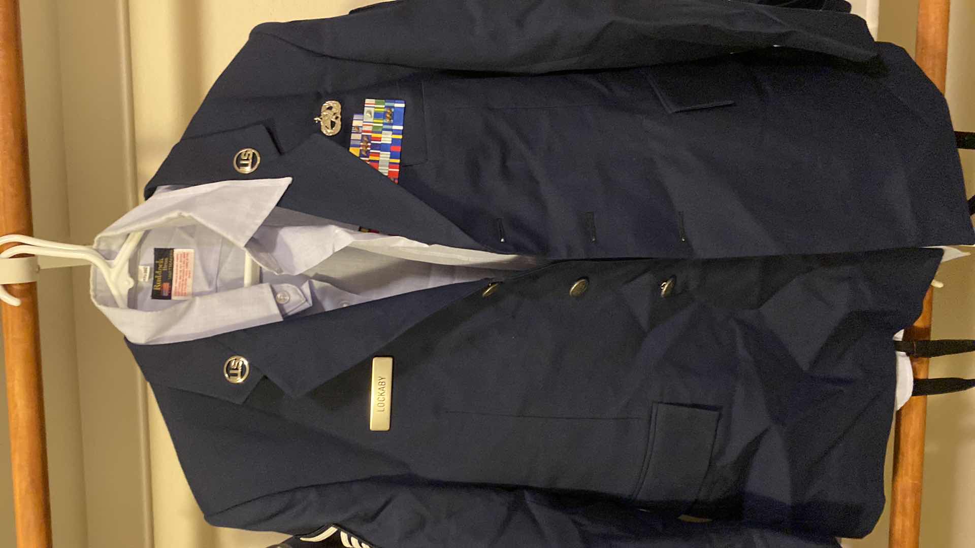 Photo 1 of COAT MANS AIR FORCE BLUE SIZE LARGE REGULAR, SHIRT 17 1/2 36 AND SLACKS 37 CL WITH HAT AND BELT