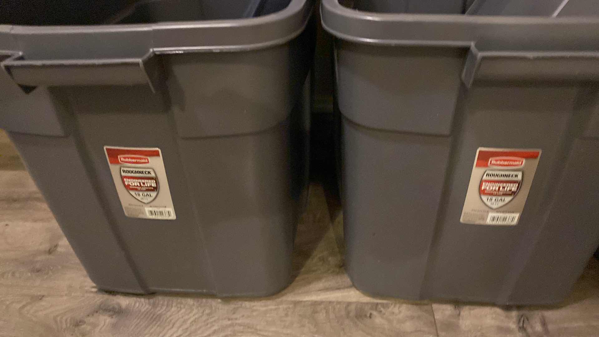 Photo 1 of 2 - 18 GALLON TIRES WITH LIDS AND LAUNDRY BASKET WITH HANGERS