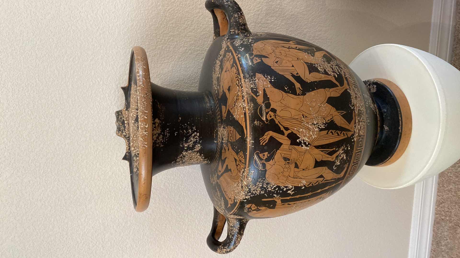 Photo 2 of GREEK INSPIRED METAL URN 18 1/2” x 19“  ON PLASTIC PEDESTAL