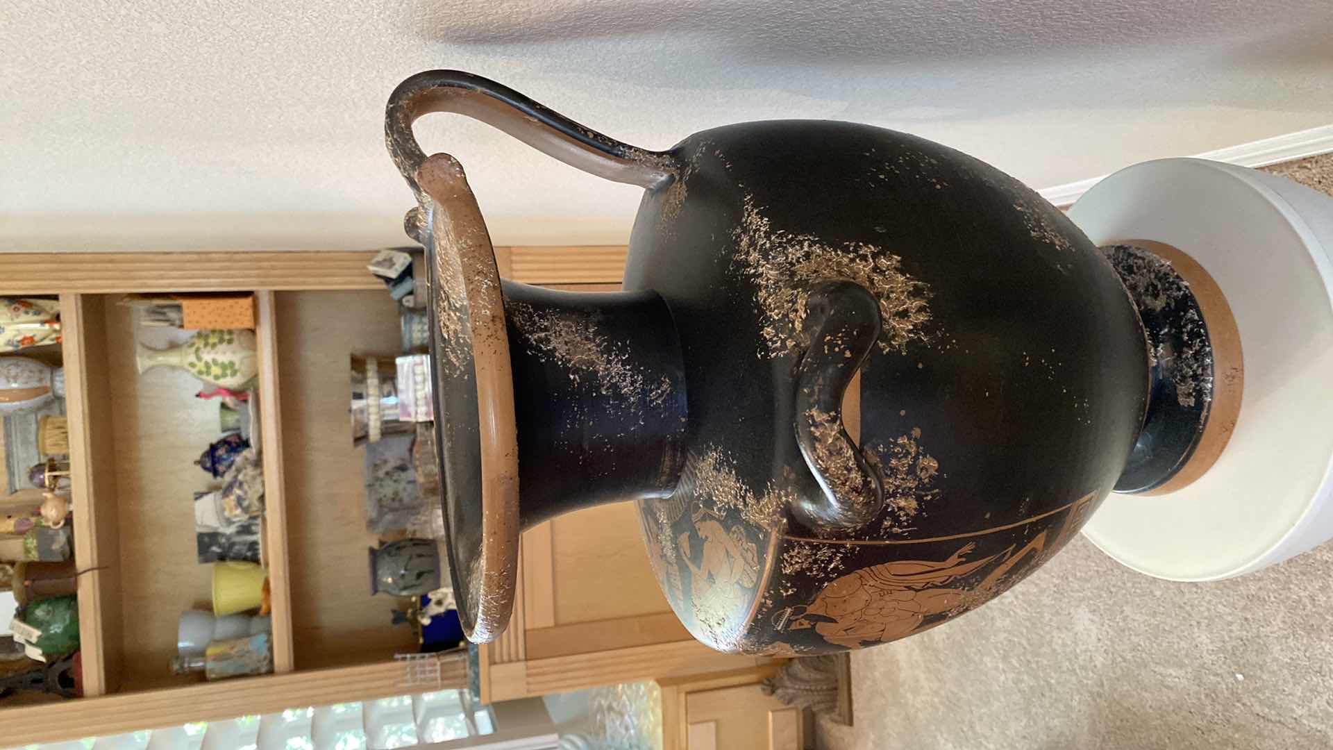 Photo 3 of GREEK INSPIRED METAL URN 18 1/2” x 19“  ON PLASTIC PEDESTAL