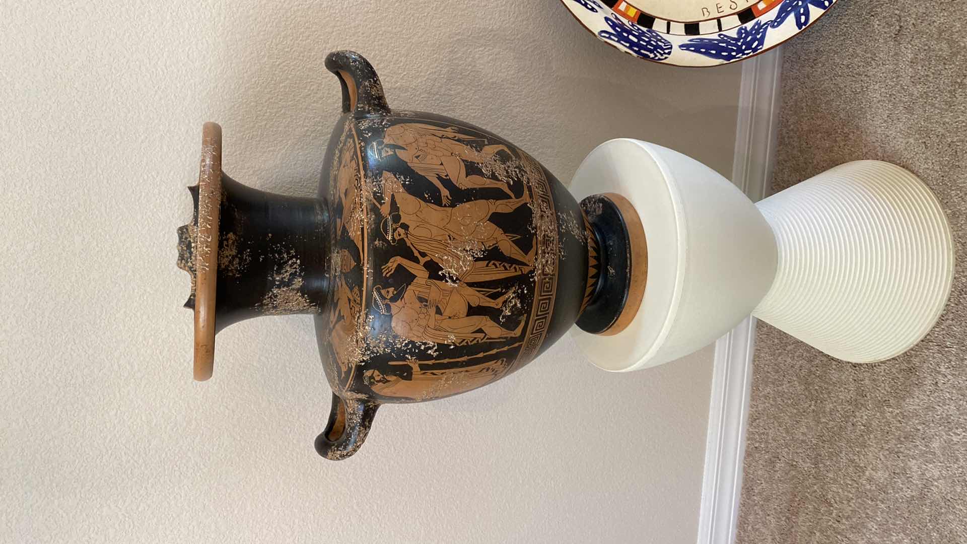 Photo 1 of GREEK INSPIRED METAL URN 18 1/2” x 19“  ON PLASTIC PEDESTAL