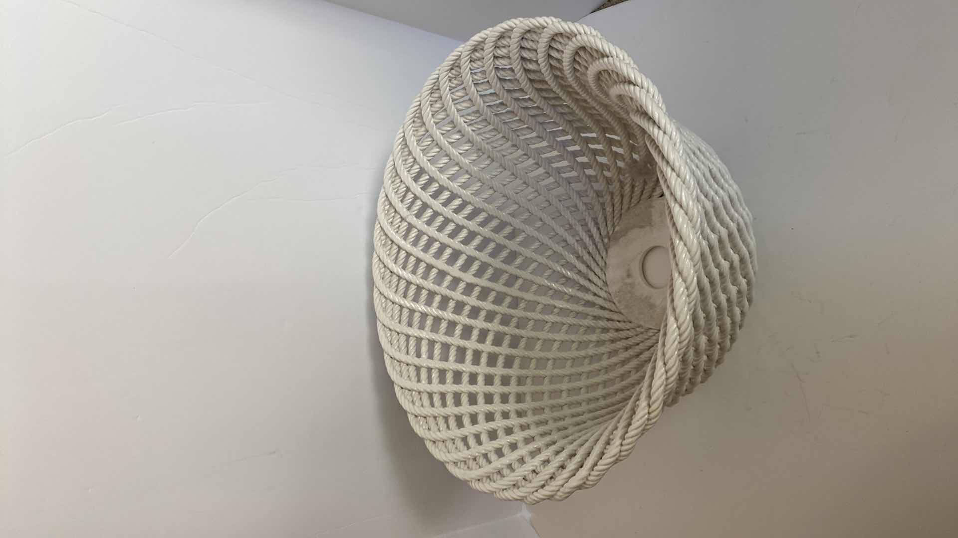 View 2 of 1 WOVEN BASKET WITH BALLS AND 1 WHITE METAL BASKET 16” x 9 1/2”