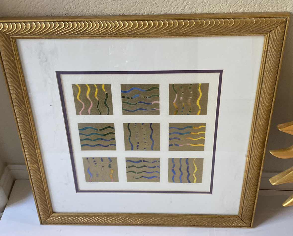 Photo 1 of GOLD FRAMED SIGNED GRAPHIC ARTWORK 20 1/2” x 20 1/2” AND SUN MIRROR 22”