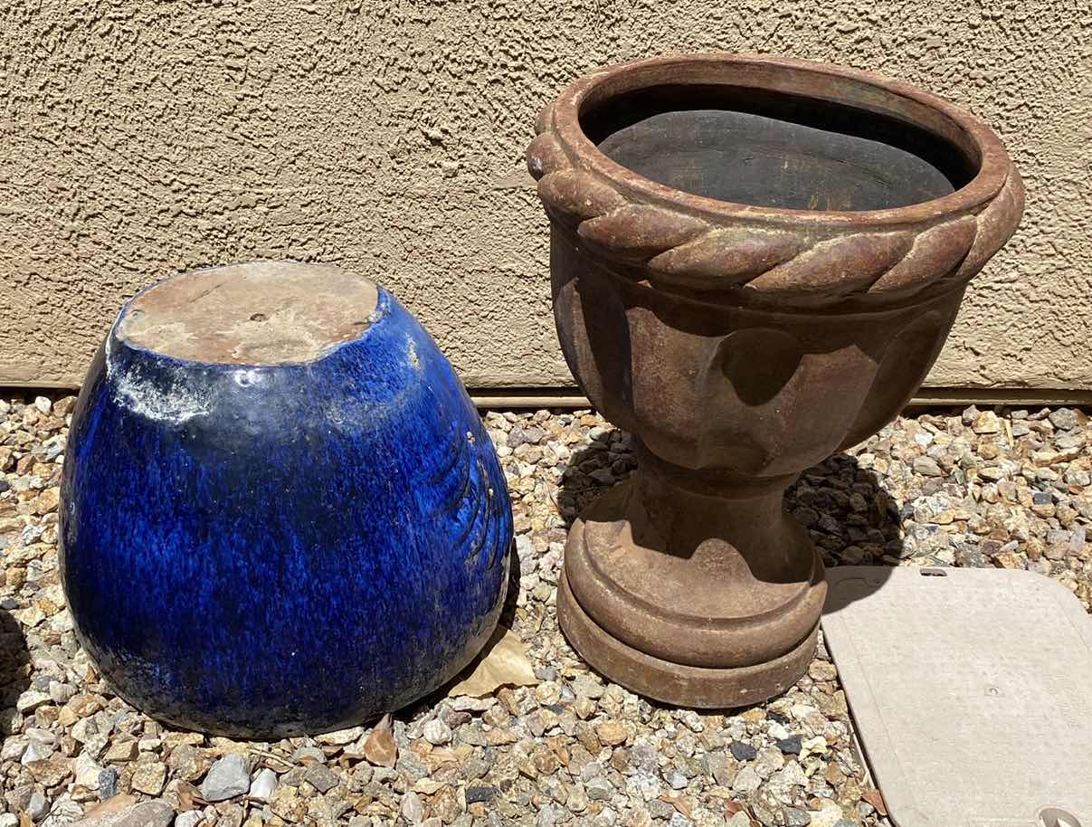 View 1 of 2 GARDEN POTS BLUE POT 16” x 15” , CLAY POT 16” x 23”