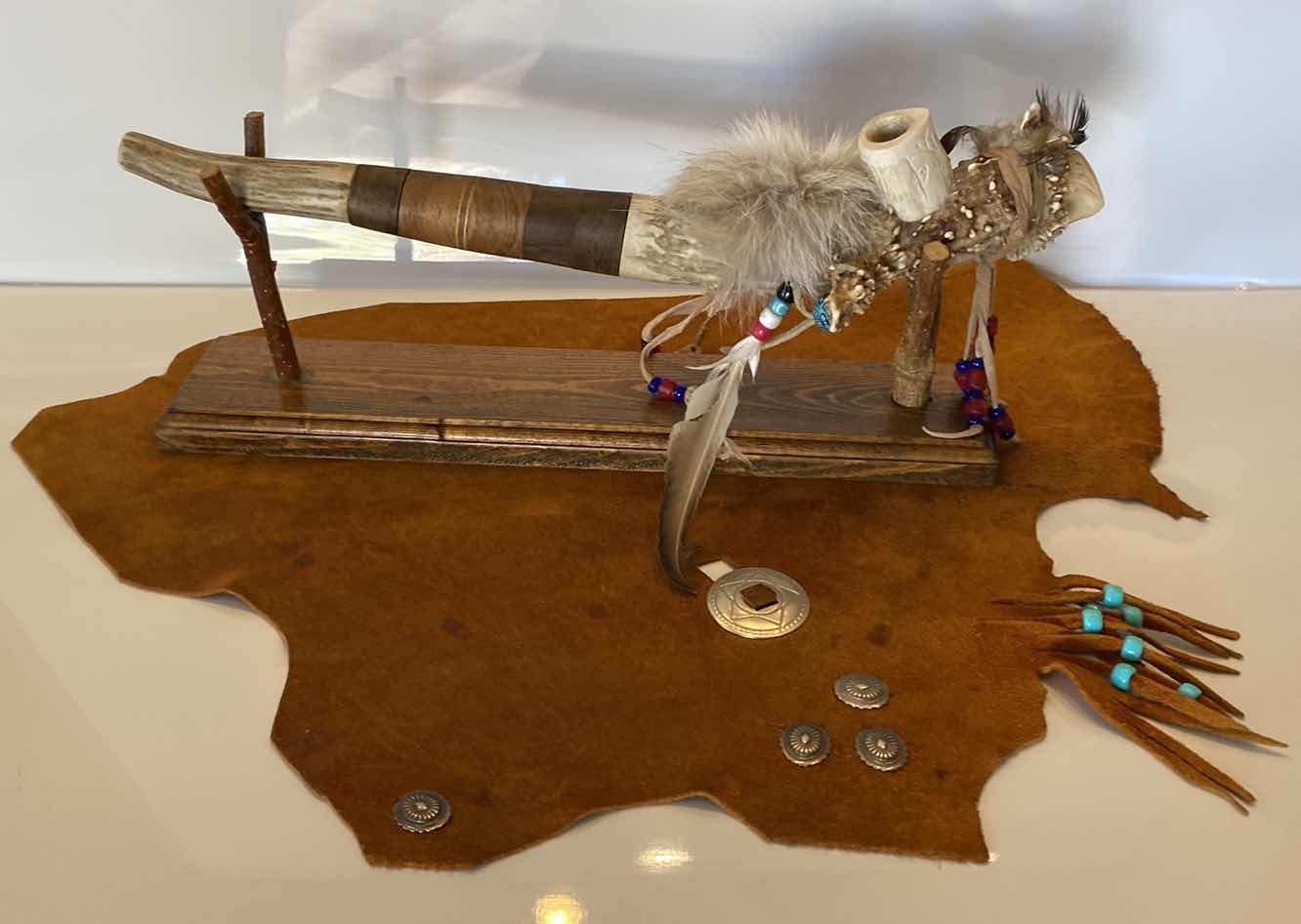 Photo 1 of NATIVE AMERICAN EAGLE HEAD PIPE ON STAND 15 1/2” AND HIDE CLOTH