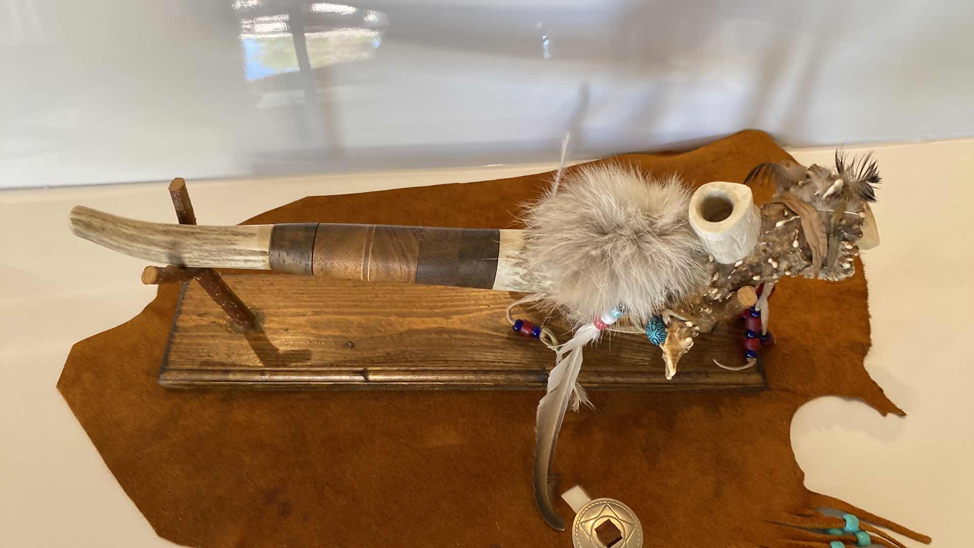 Photo 1 of NATIVE AMERICAN EAGLE HEAD PIPE ON STAND 15 1/2” AND HIDE CLOTH