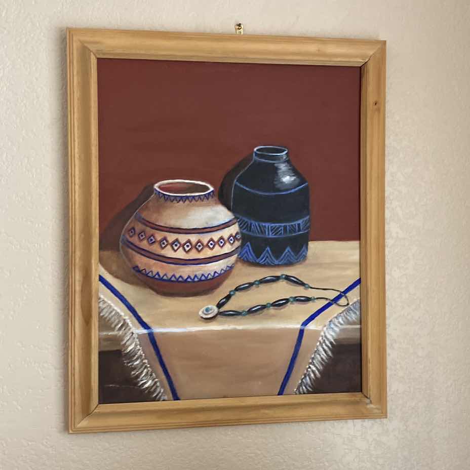 Photo 1 of FRAMED SOUTHWEST POTTERY SIGNED ON CANVAS ARTWORK 19” X 22 1/2”