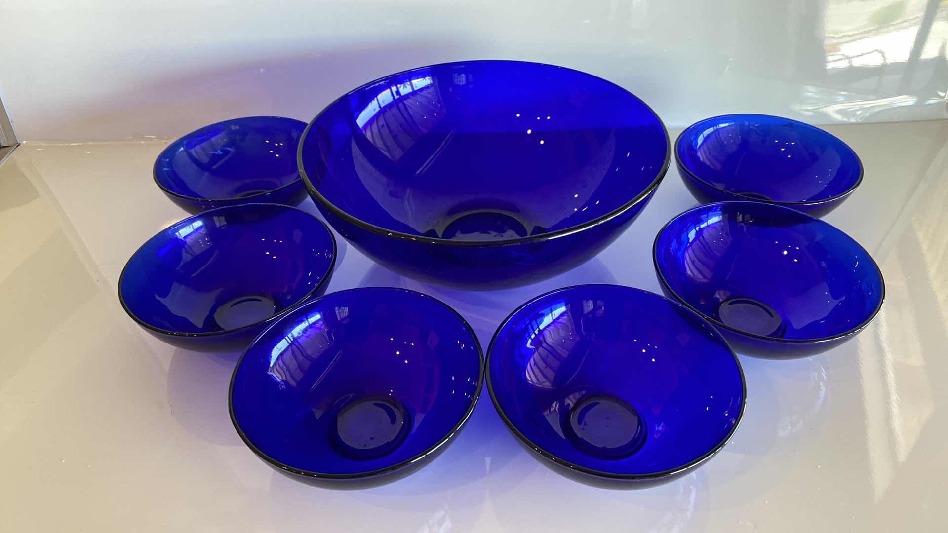 Photo 1 of 7 PIECE BLUE GLASS SALAD BOWL SET