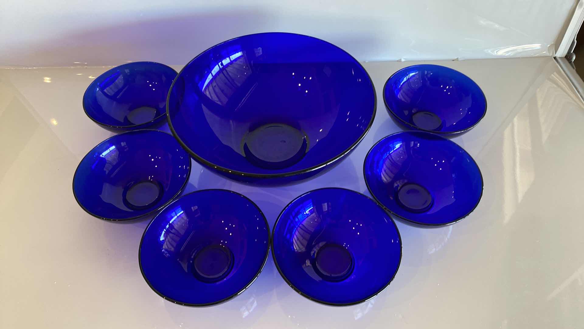 Photo 1 of 7 PIECE BLUE GLASS SALAD BOWL SET