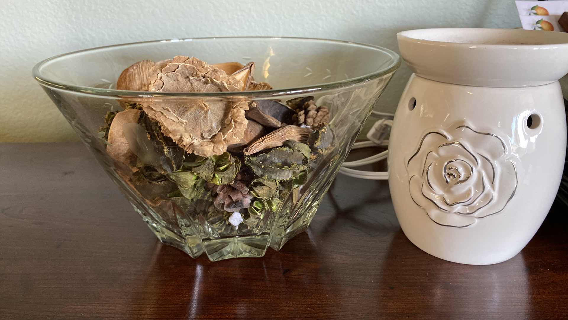 Photo 2 of ETCHED CRYSTAL BOWL, WAX POT AND ASSORTED DECOR
