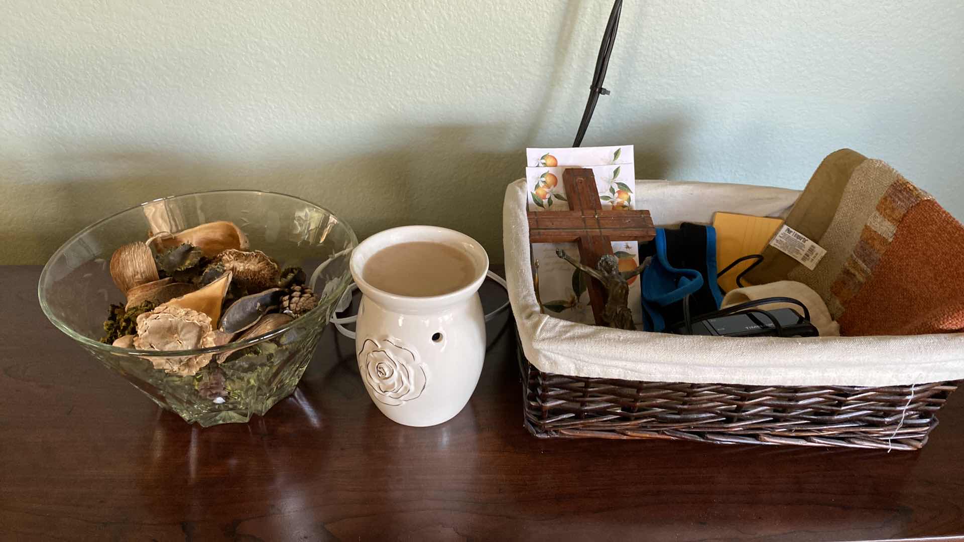 Photo 1 of ETCHED CRYSTAL BOWL, WAX POT AND ASSORTED DECOR