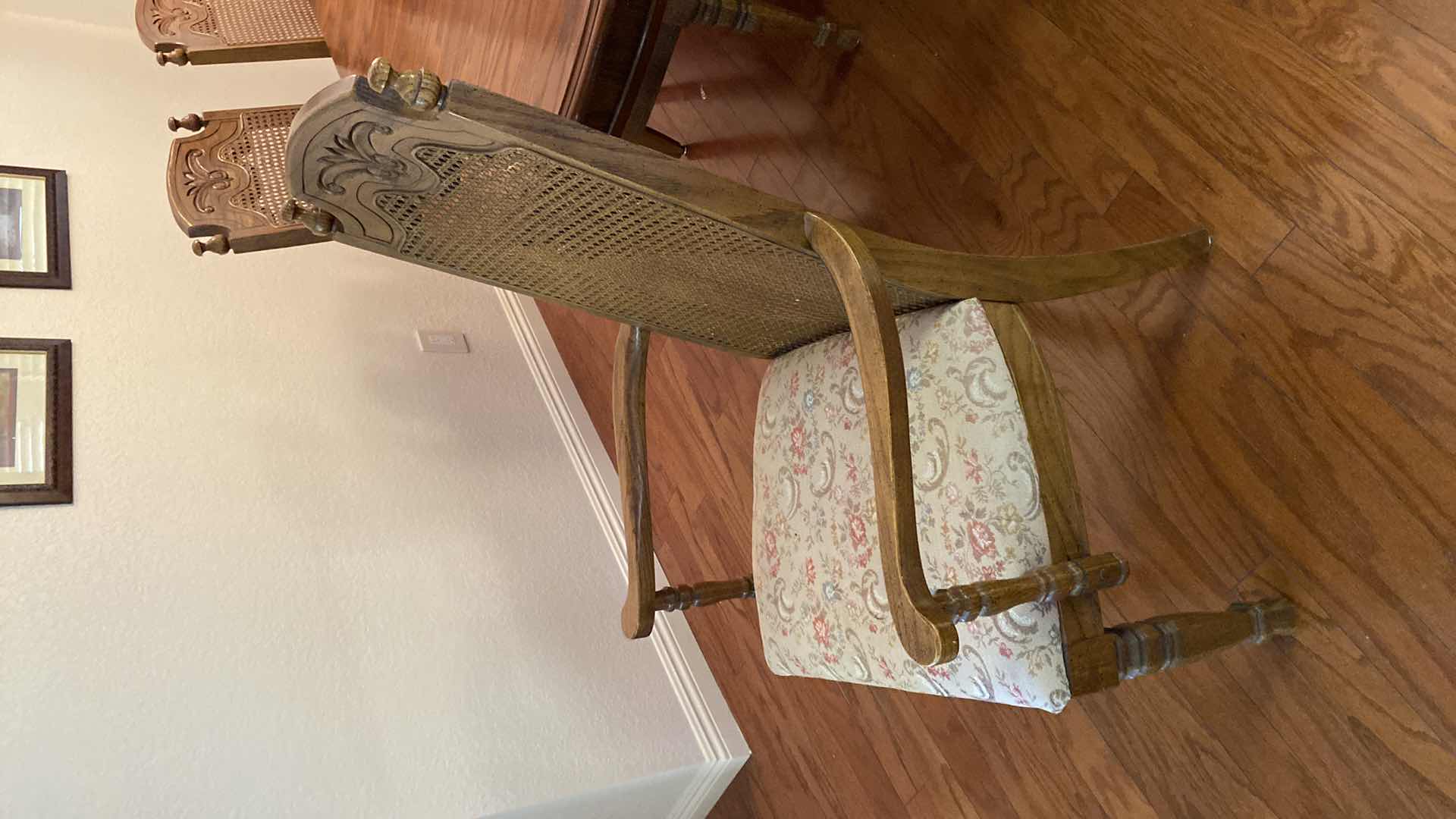 Photo 1 of OAK DINING TABLE WITH 6 CANE BACK CHAIRS MEASUREMENT INCLUDES 18” LEAF 80” x 42” H 30” INCLUDES TABLE PADS