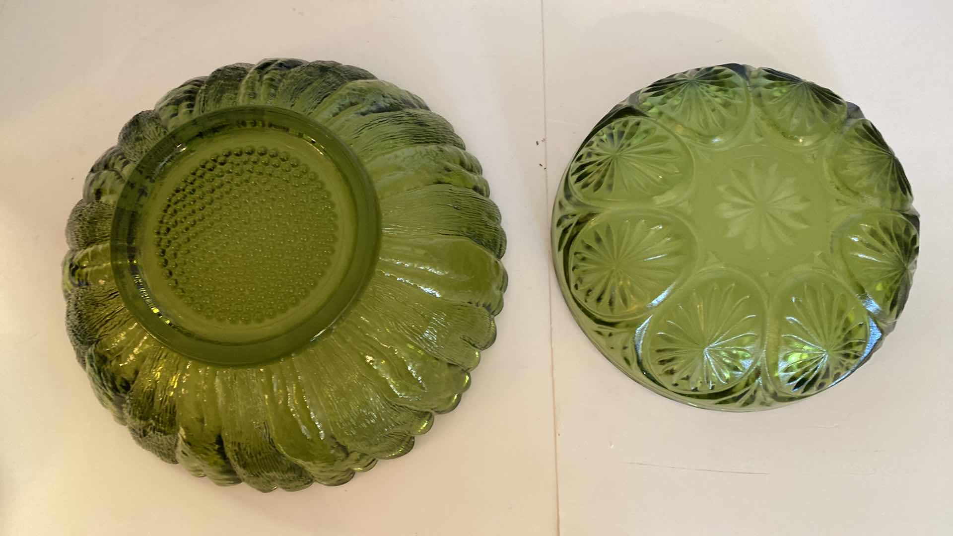 Photo 1 of PAIR OF GREEN GLASS BOWLS LARGEST 10 1/2”