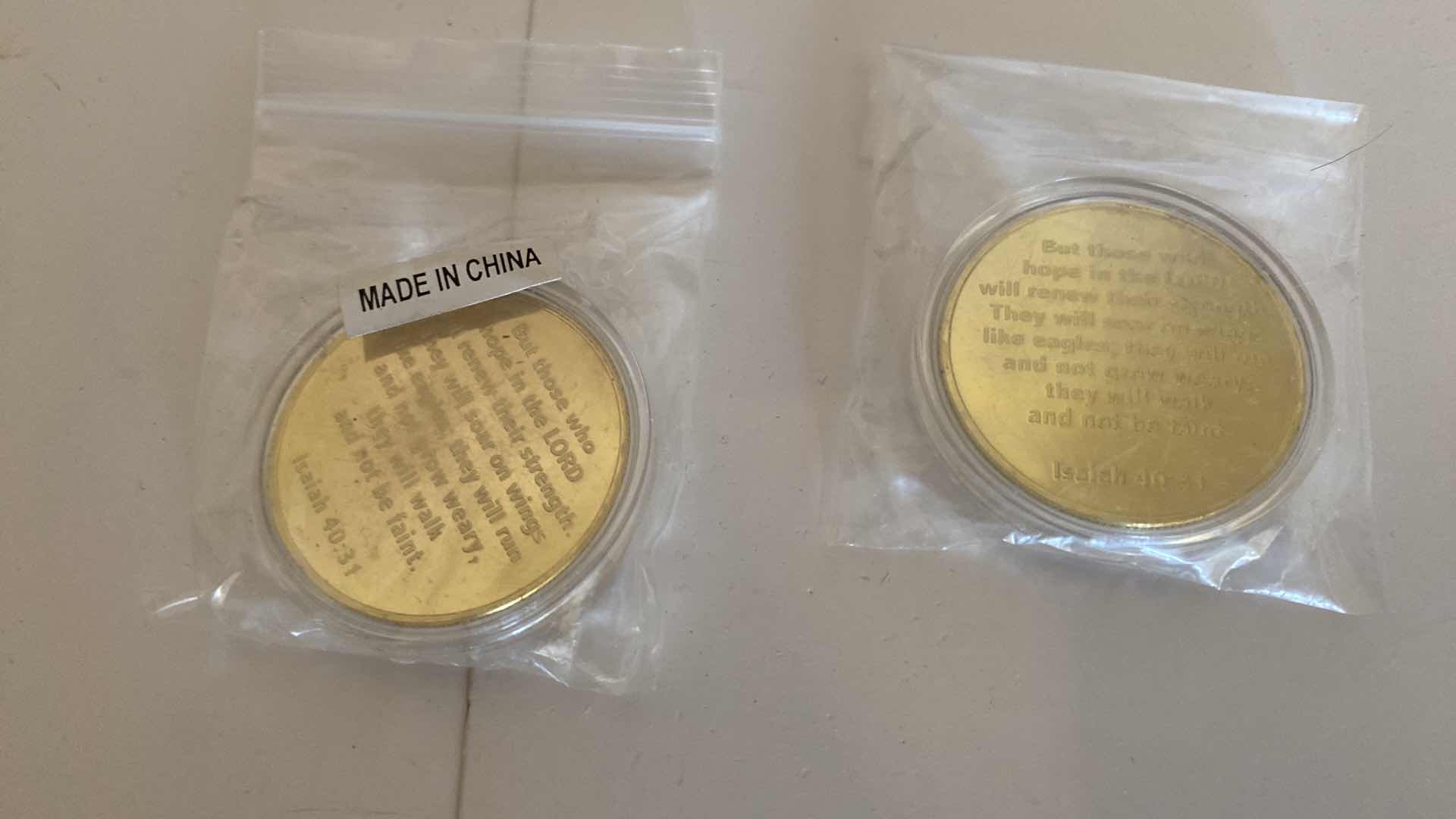 Photo 1 of MAGNIFIERS READING GLASSES AND GOLD COLOR COINS WITH BUBLE VERSE ISIAH 40:31