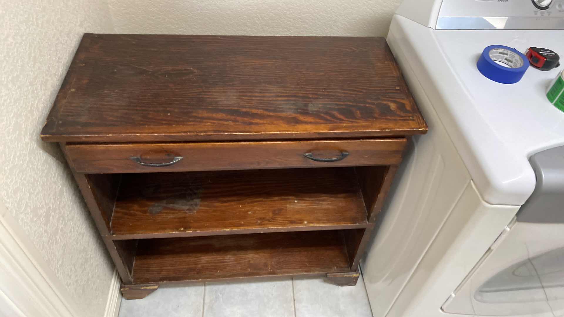 Photo 1 of WOOD 2 SHELF WITH 1 DRAWER OPEN CABINET 35” x 16 1/2” H 33 1/2”