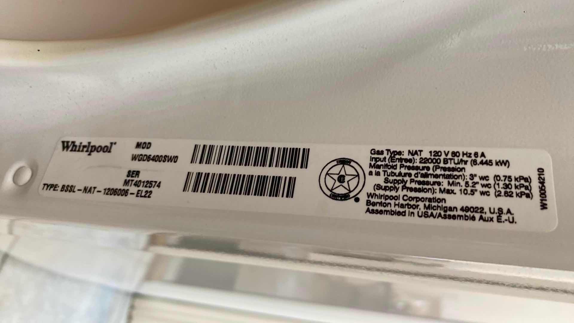 Photo 1 of WHIRLPOOL CABRIO GAS DRYER - BUYER TO REMOVE GAS LINE MOVE AND LOAD