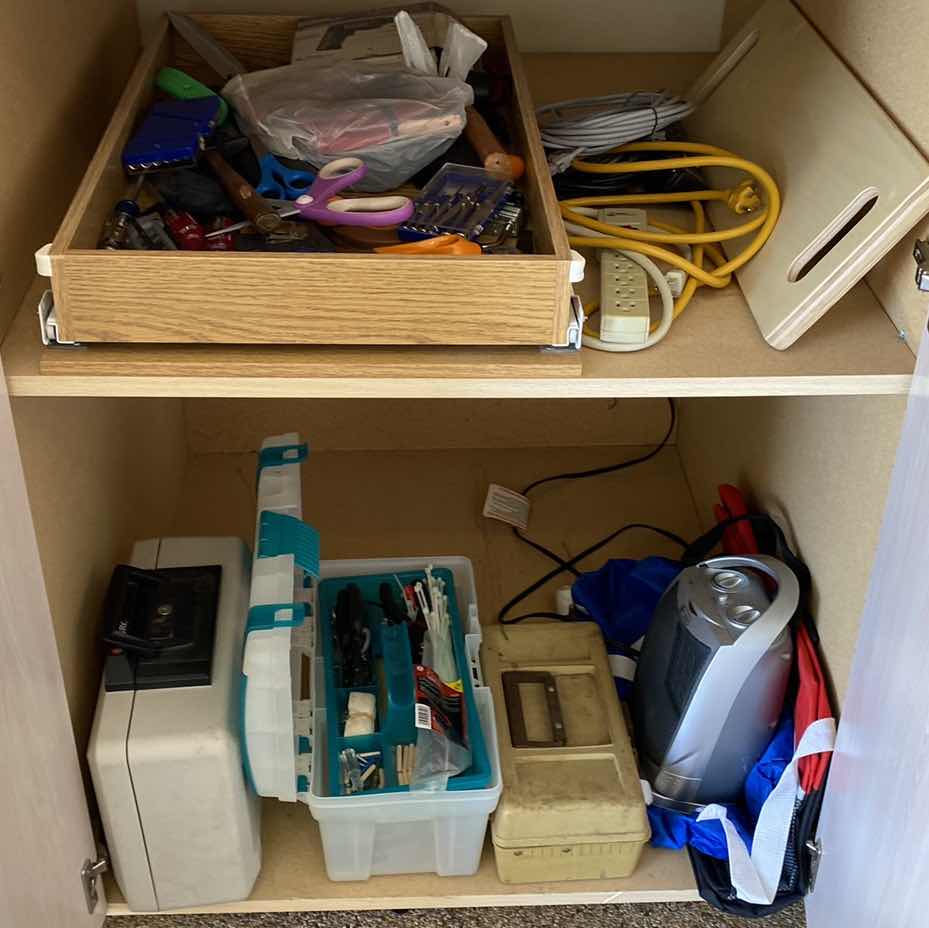 Photo 1 of CONTENTS OF CABINET TOOLS AND FISHING TACKLE