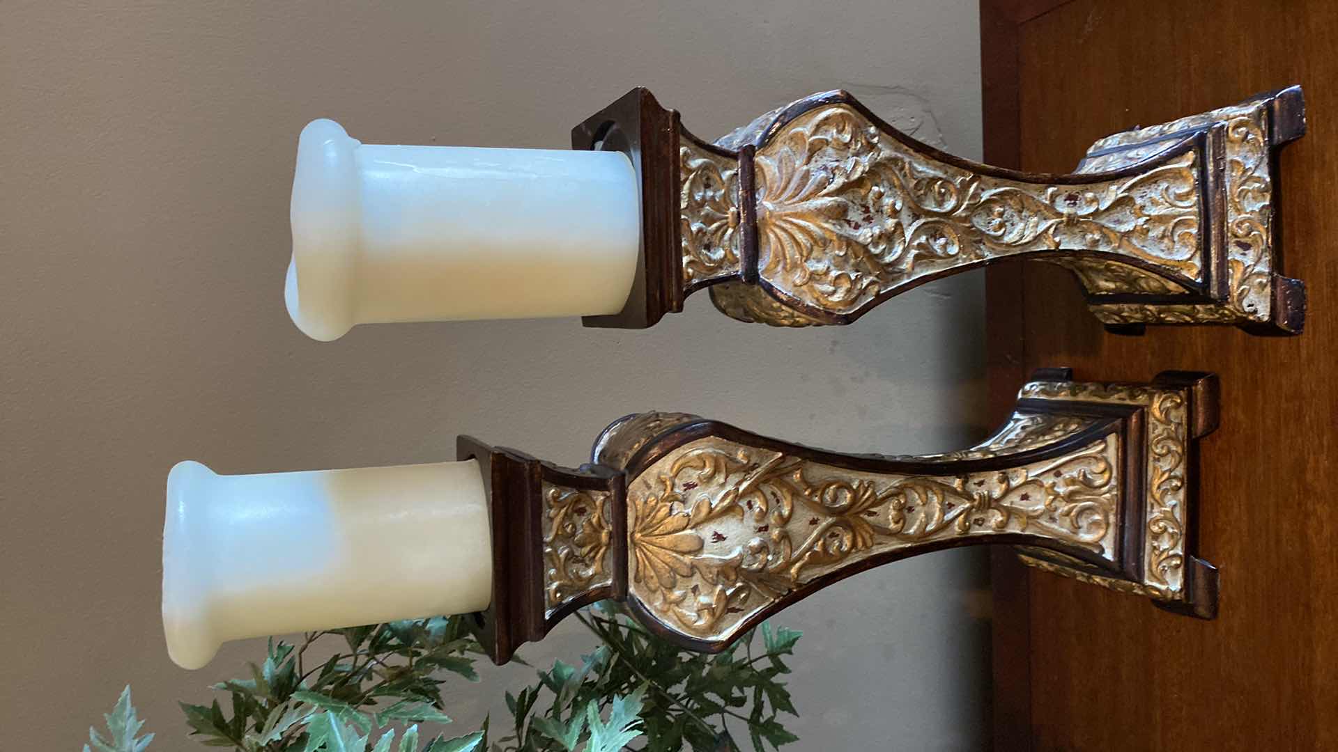 Photo 1 of HEAVY CANDLESTICK WITH CANDLES TALLEST INCLUDING CANDLE 20 1/2” AND FAUX PLANT IN BASKET