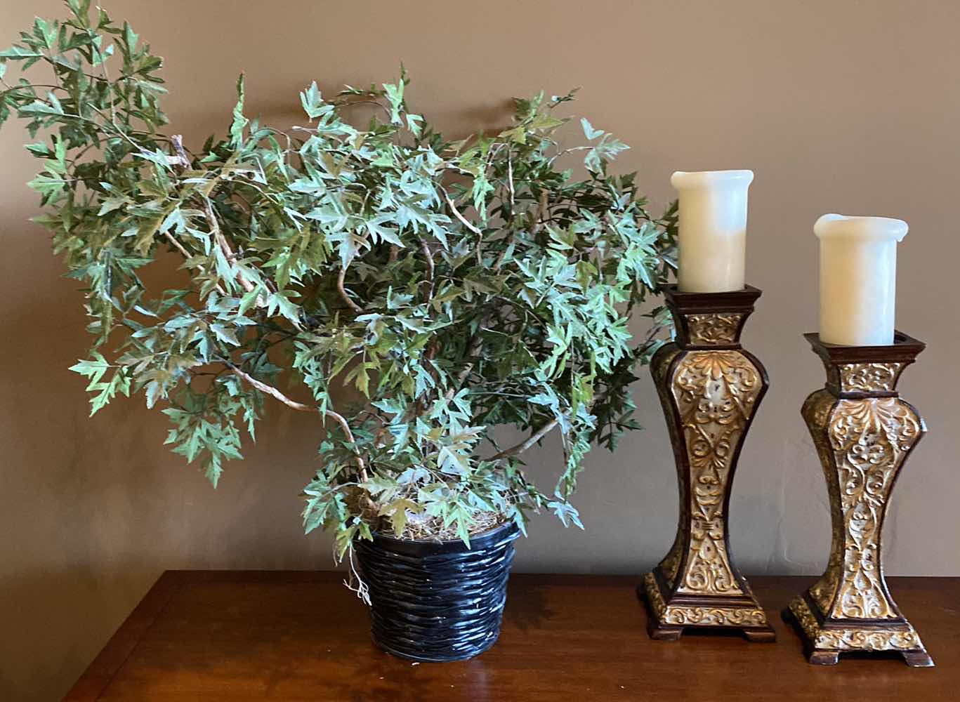 Photo 1 of HEAVY CANDLESTICK WITH CANDLES TALLEST INCLUDING CANDLE 20 1/2” AND FAUX PLANT IN BASKET