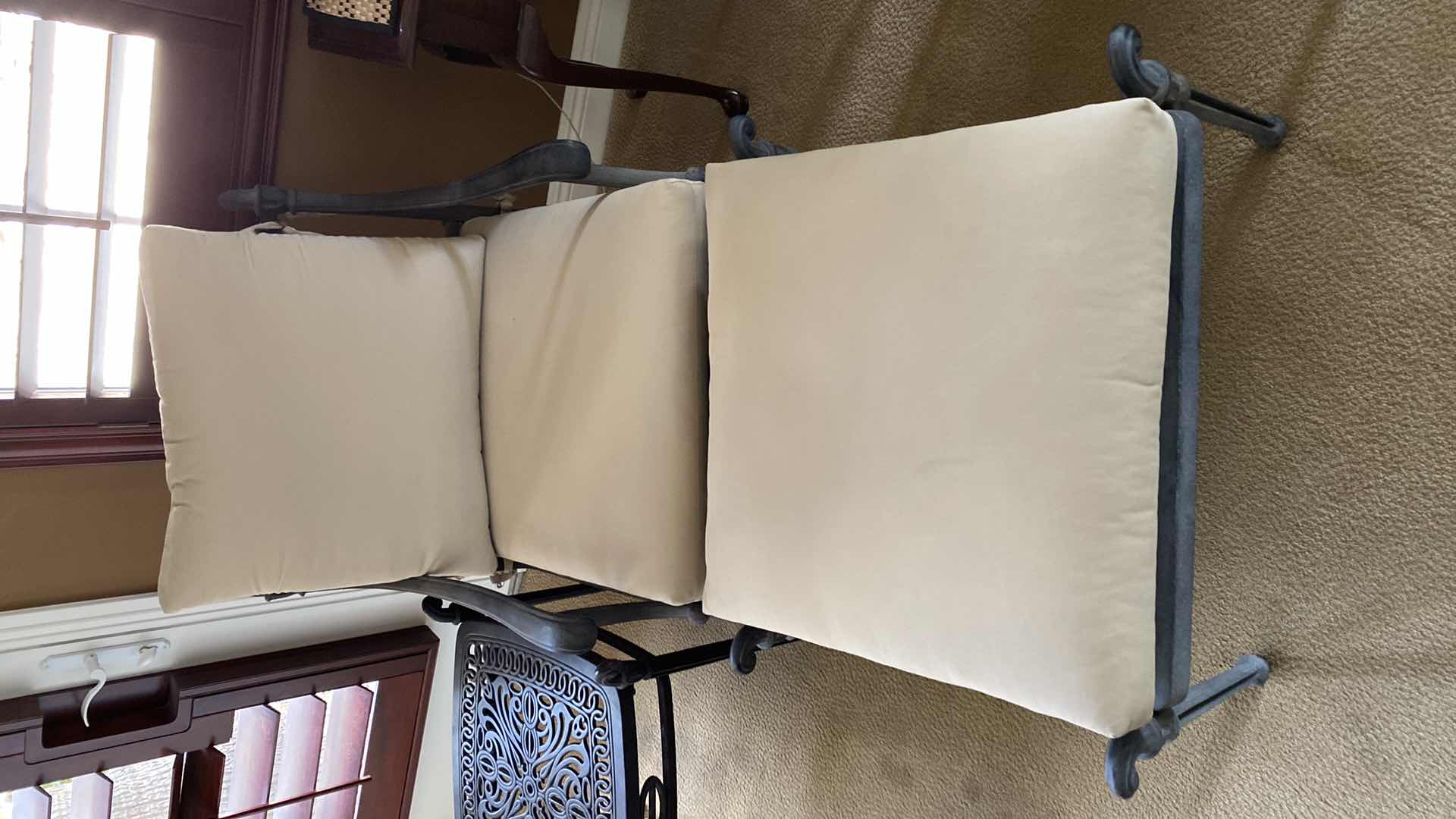 Photo 1 of OUTDOOR WROUGHT IRON CHAIR WITH CUSHIONS OTTOMAN AND SIDE TABLE (UNBRANDED) ( 2 AVAILABLE EACH SOLD SEPARATELY)