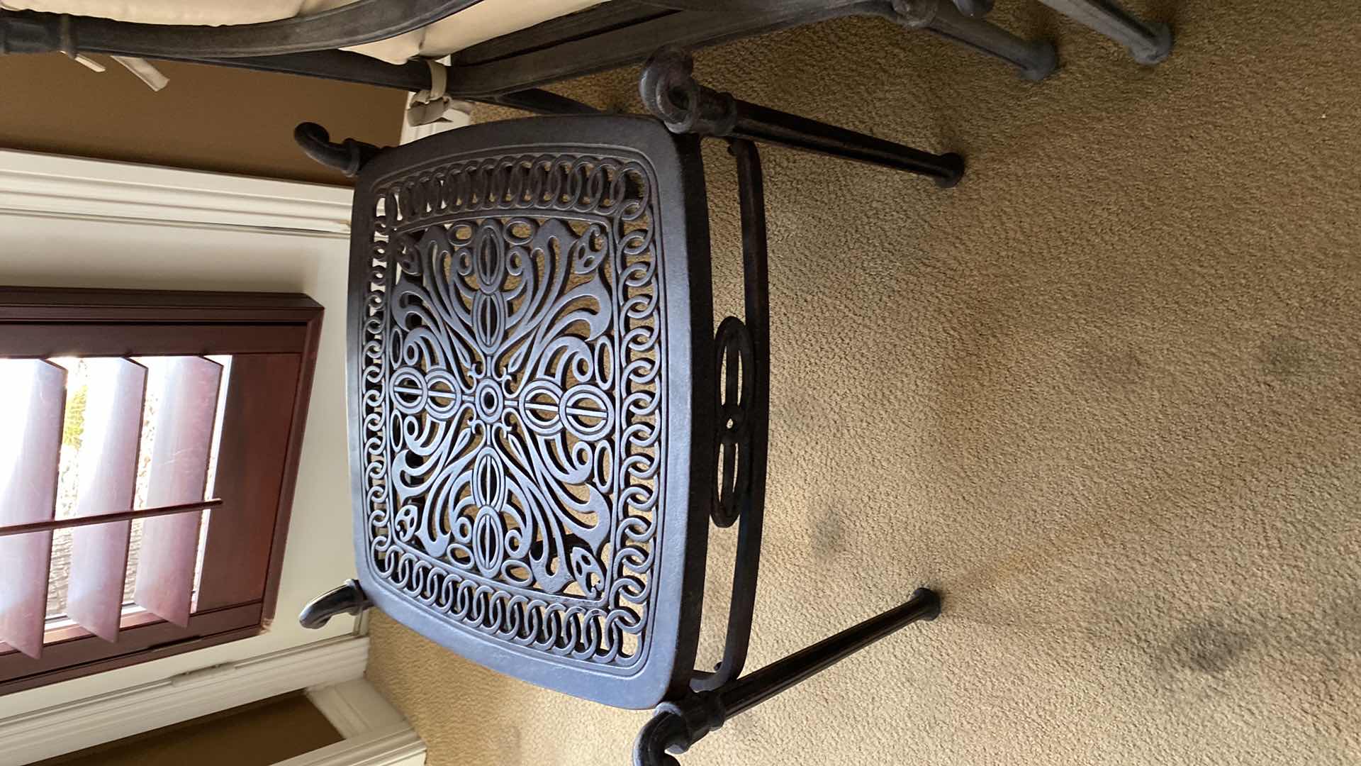 Photo 1 of OUTDOOR WROUGHT IRON CHAIR WITH CUSHIONS OTTOMAN AND SIDE TABLE (UNBRANDED) ( 2 AVAILABLE EACH SOLD SEPARATELY)