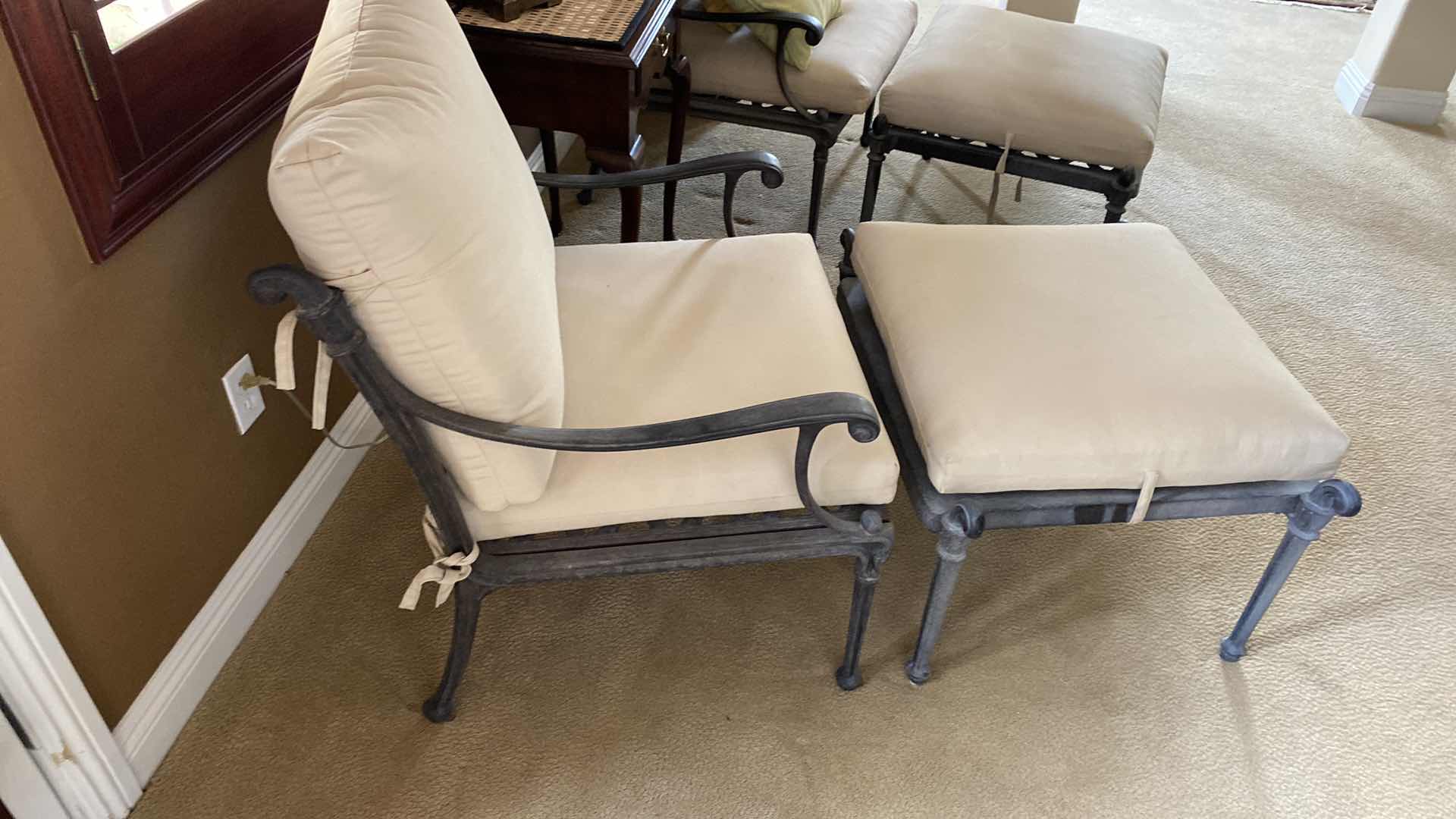 Photo 1 of OUTDOOR WROUGHT IRON CHAIR WITH CUSHIONS OTTOMAN AND SIDE TABLE (UNBRANDED) ( 2 AVAILABLE EACH SOLD SEPARATELY)