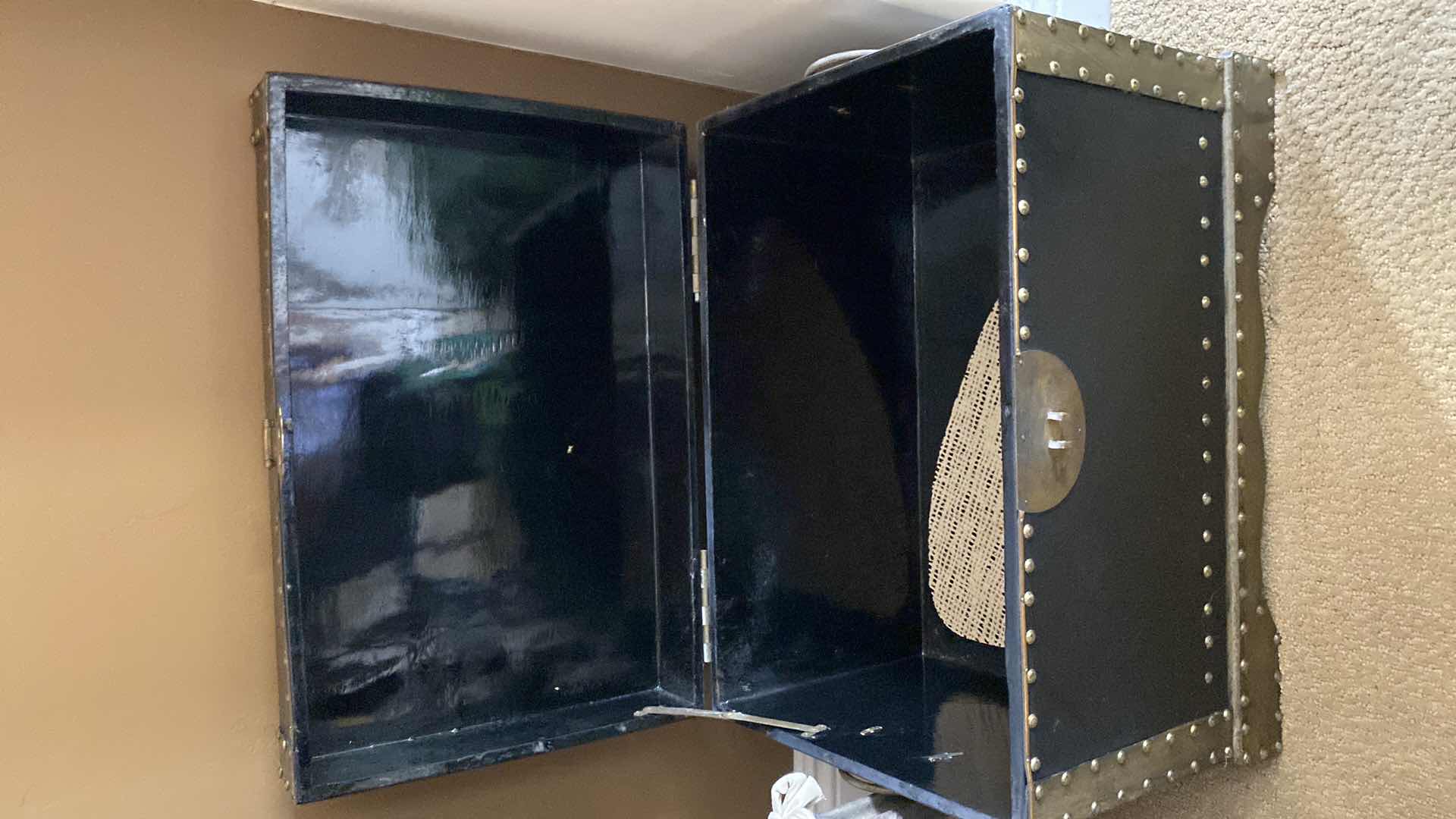 Photo 1 of BLACK AND METAL TRUNK 20“ x 13“ H 14” AND 2 FAUX PLANTS