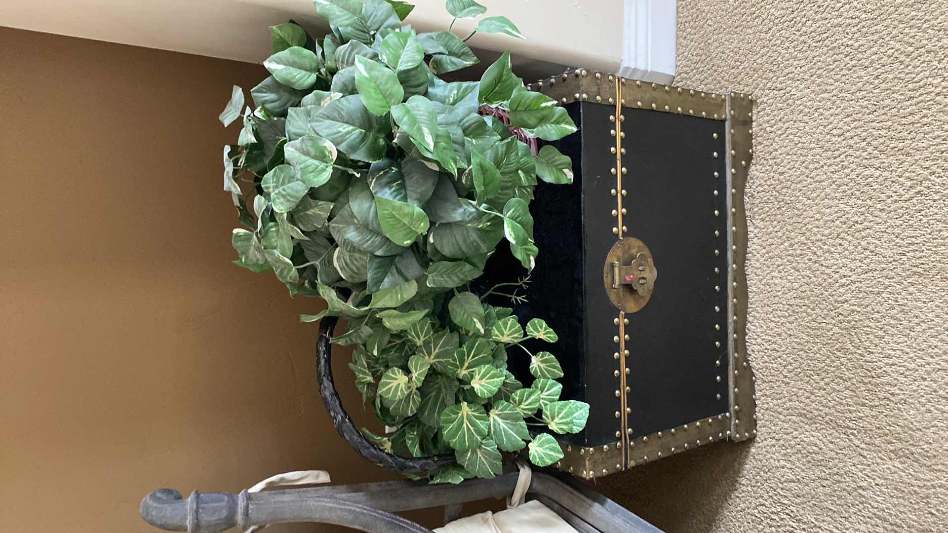 Photo 1 of BLACK AND METAL TRUNK 20“ x 13“ H 14” AND 2 FAUX PLANTS