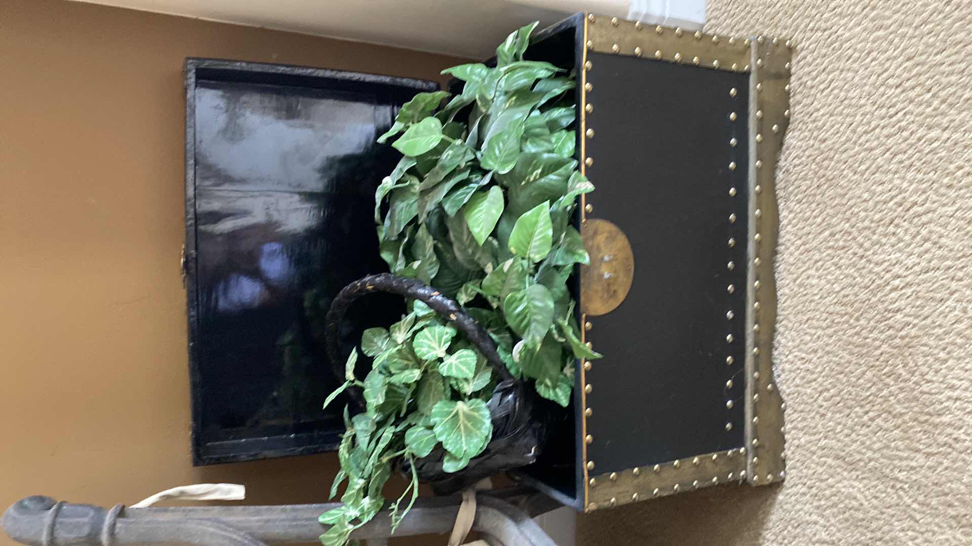 Photo 1 of BLACK AND METAL TRUNK 20“ x 13“ H 14” AND 2 FAUX PLANTS