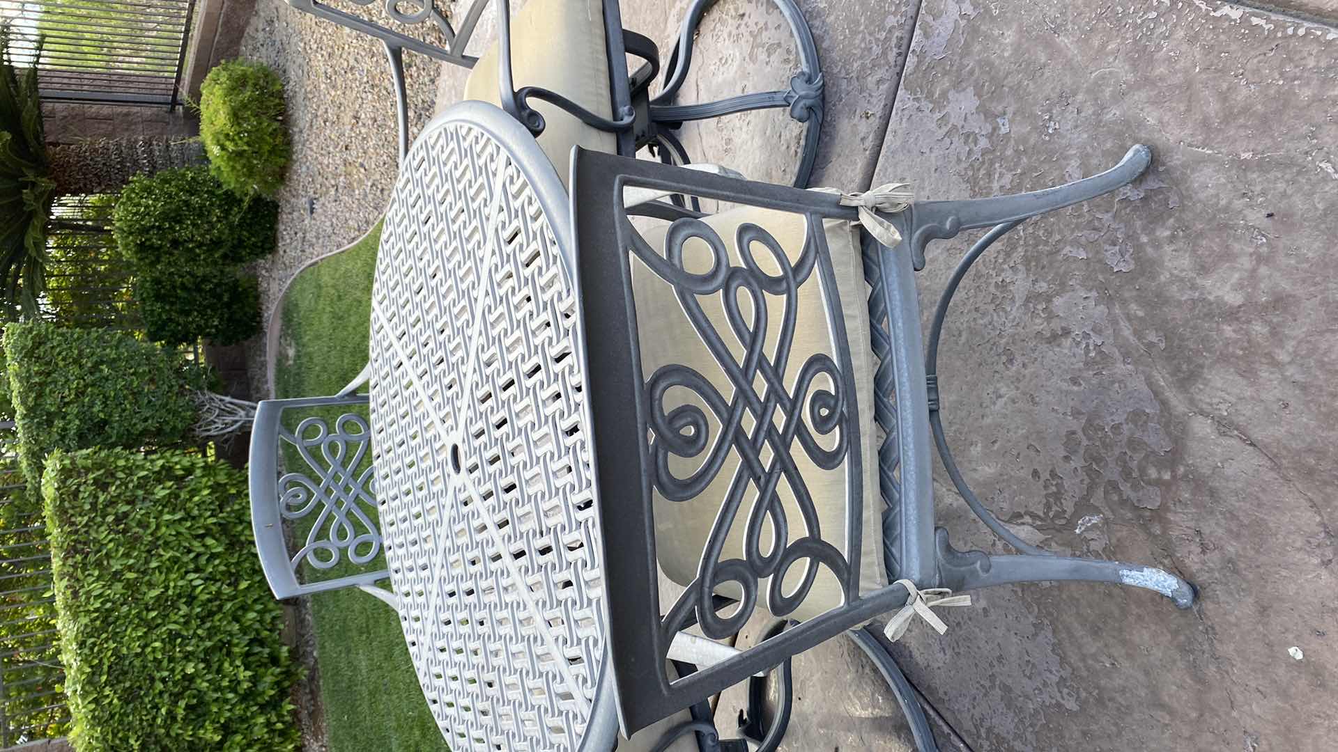 Photo 8 of ALUMINUM 5 PIECE PATIO SET TABLE 48” x 29” AND 4 CHAIRS WITH CUSHIONS