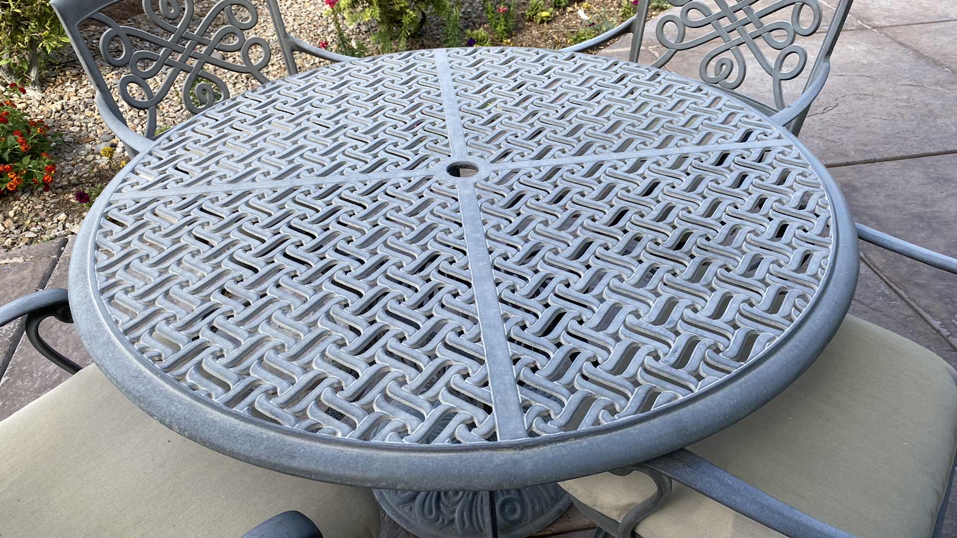 Photo 2 of ALUMINUM 5 PIECE PATIO SET TABLE 48” x 29” AND 4 CHAIRS WITH CUSHIONS