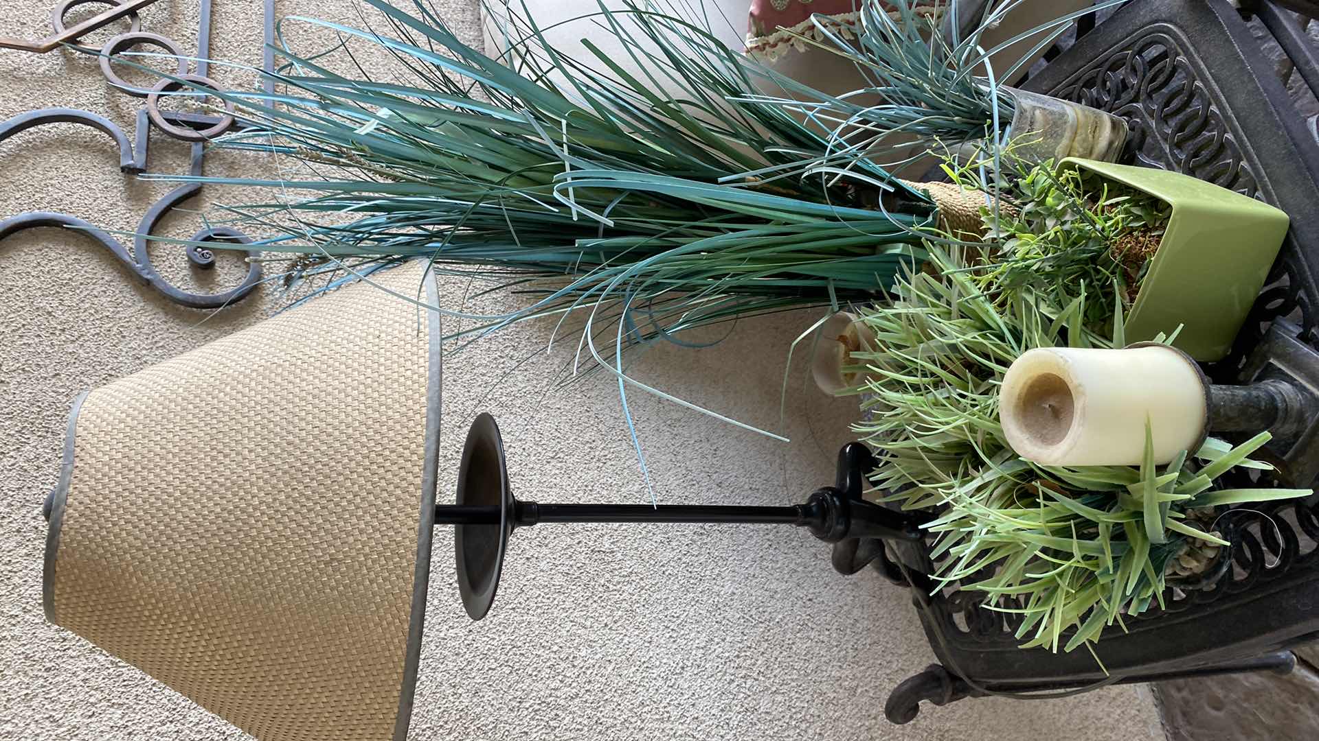 Photo 1 of OUTDOOR TABLE LAMP H 32” CANDLES AND FAUX PLANTS