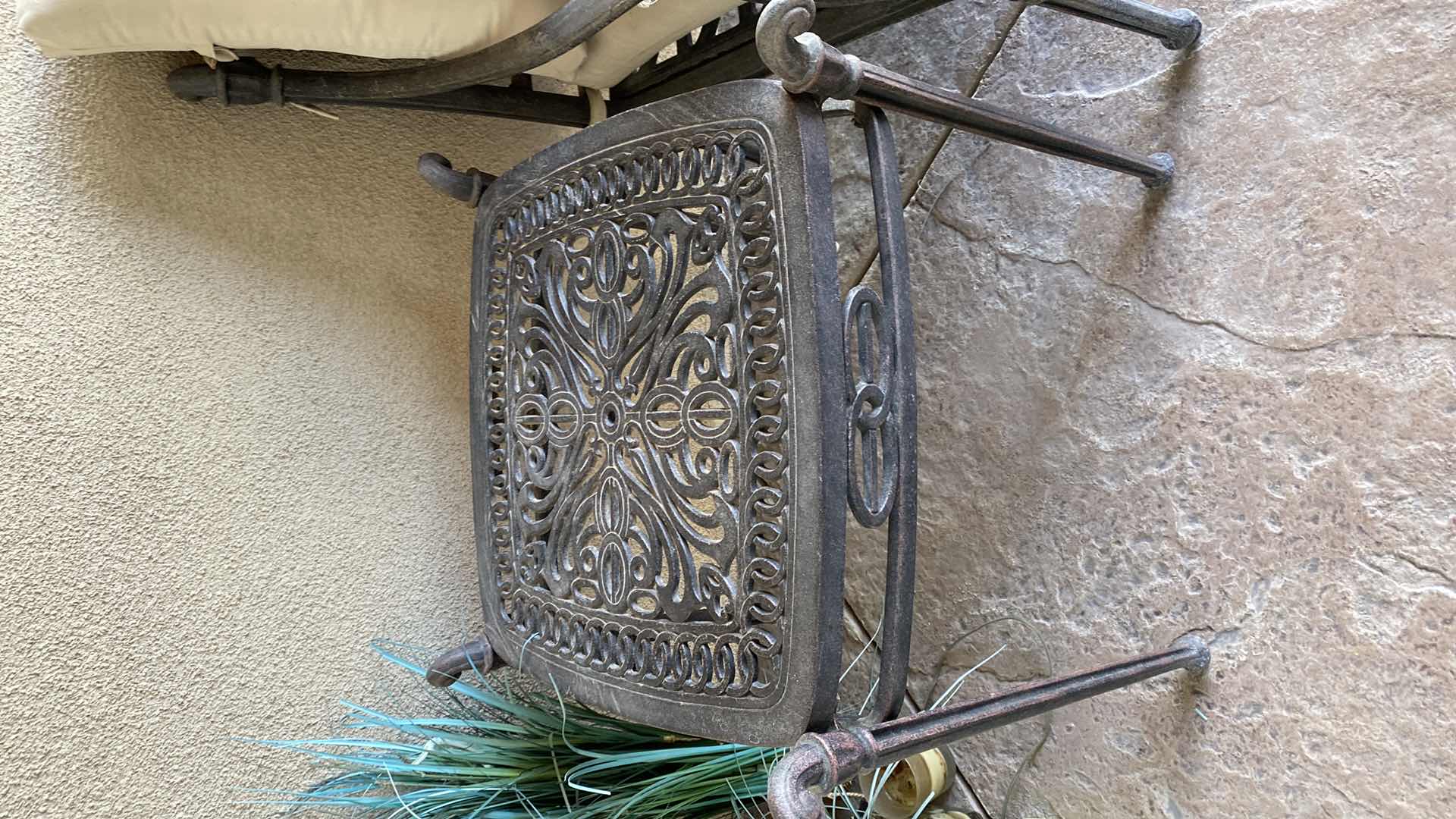 Photo 1 of HEAVY UNBRANDED WROUGHT IRON PATIO LOVESEAT WITH CUSHIONS  56” X 33” H 33” AND 2 END TABLES 23“ x 23“ H 24“