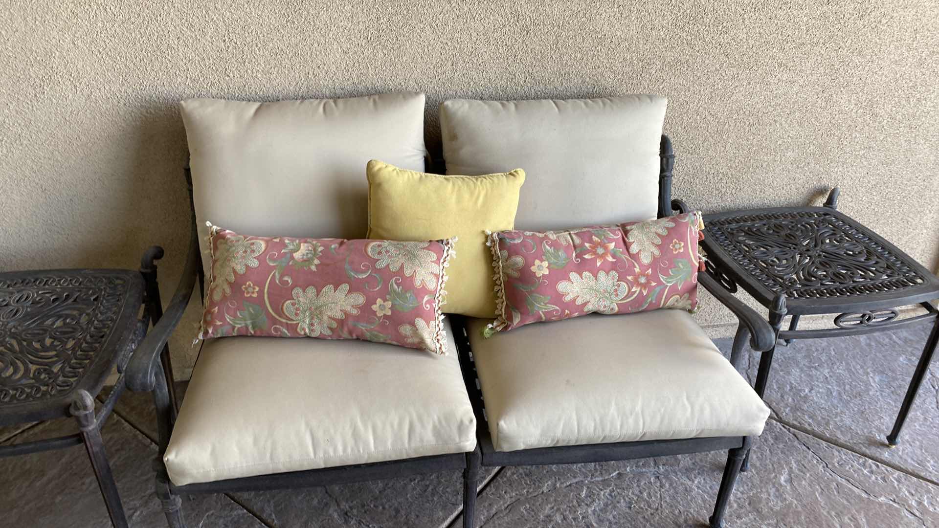 Photo 1 of HEAVY UNBRANDED WROUGHT IRON PATIO LOVESEAT WITH CUSHIONS  56” X 33” H 33” AND 2 END TABLES 23“ x 23“ H 24“