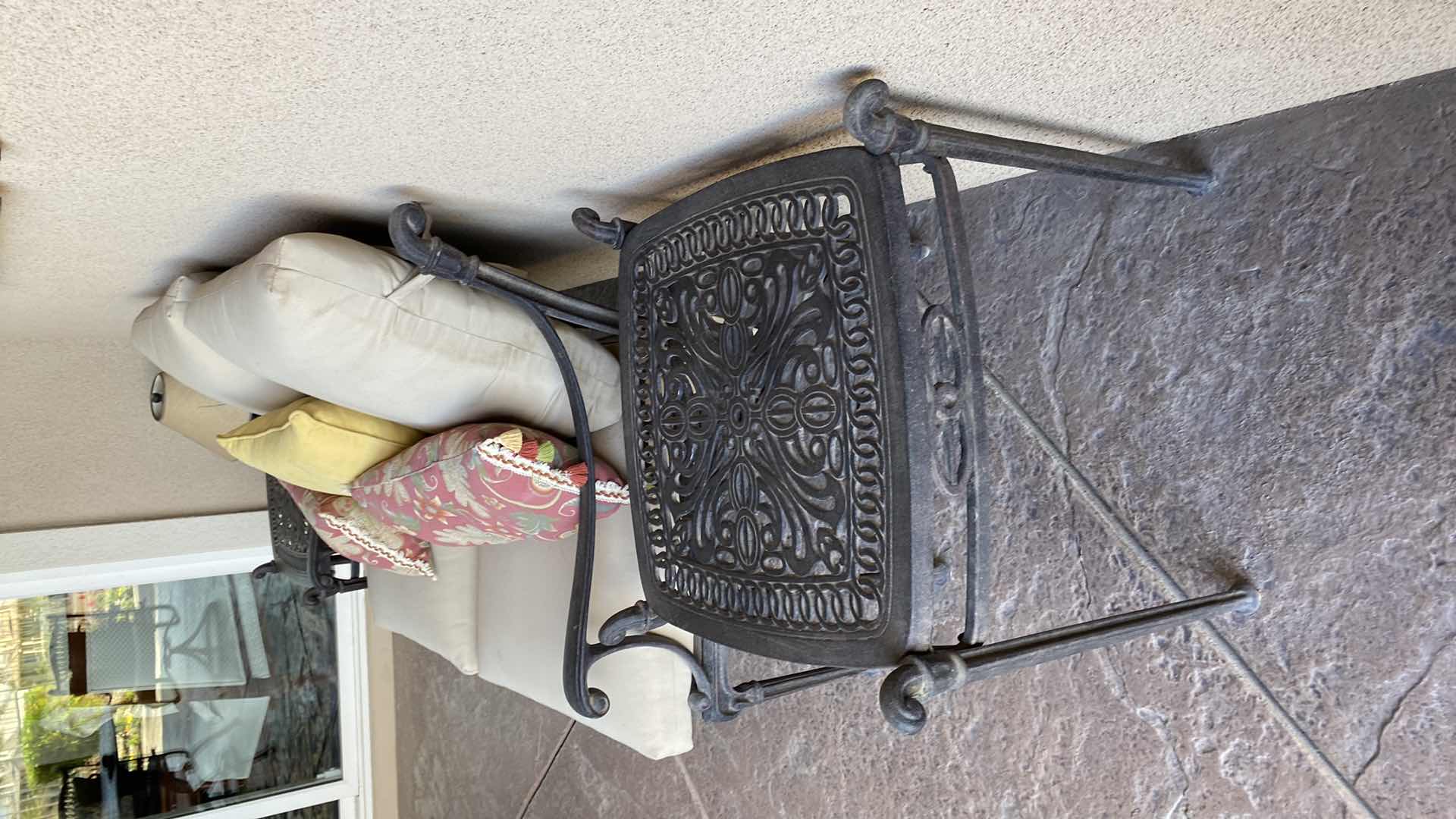 Photo 1 of HEAVY UNBRANDED WROUGHT IRON PATIO LOVESEAT WITH CUSHIONS  56” X 33” H 33” AND 2 END TABLES 23“ x 23“ H 24“