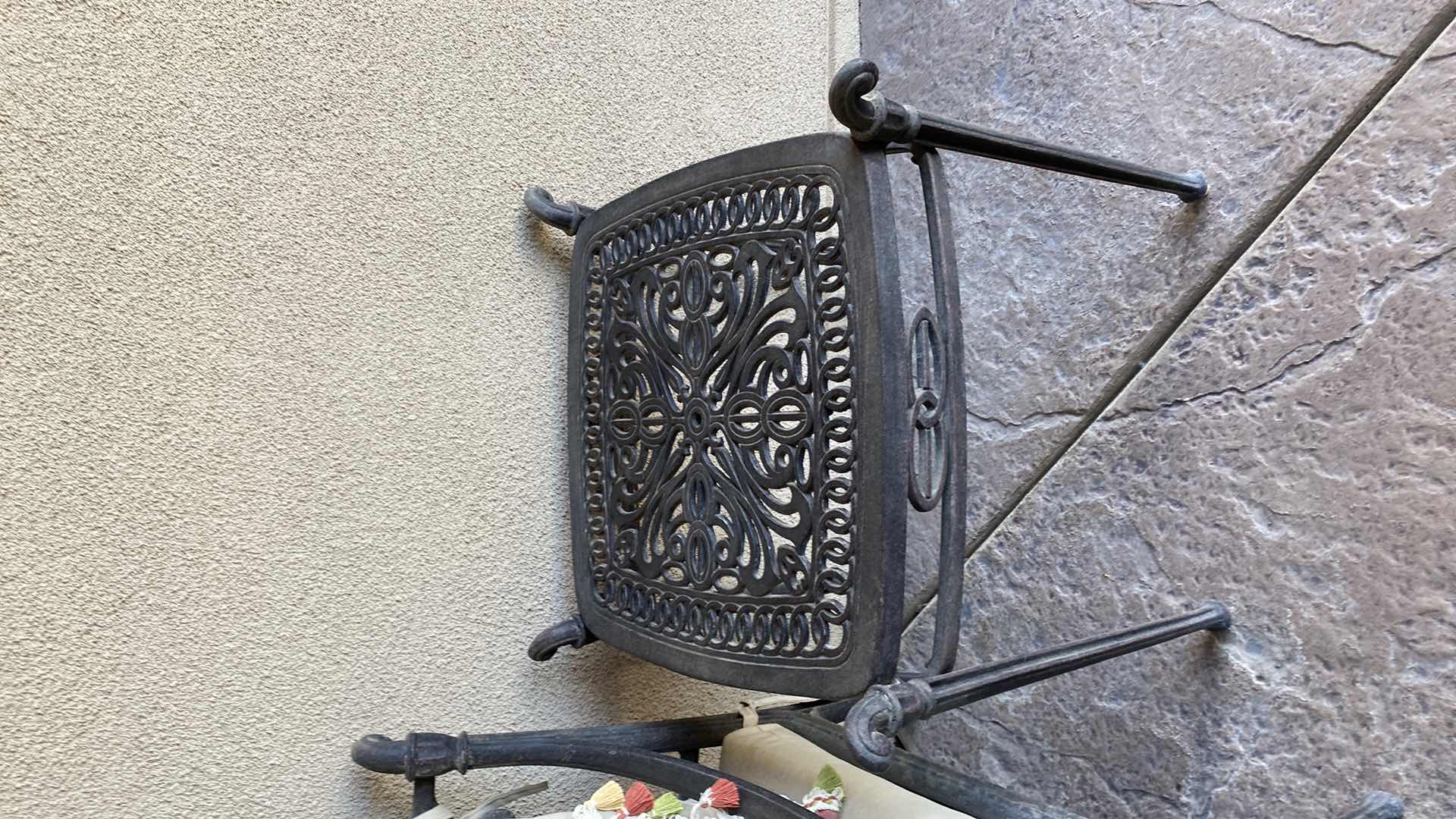 Photo 1 of HEAVY UNBRANDED WROUGHT IRON PATIO LOVESEAT WITH CUSHIONS  56” X 33” H 33” AND 2 END TABLES 23“ x 23“ H 24“