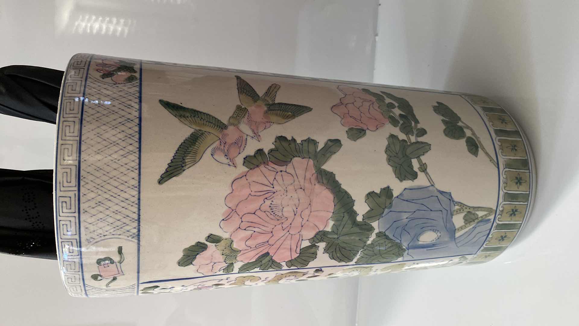 Photo 1 of $185 VINTAGE CHINESE CHINOISERIE UMBRELLA STAND GLAZED CERAMIC  INCLUDES UMBRELLAS 9” x 18”