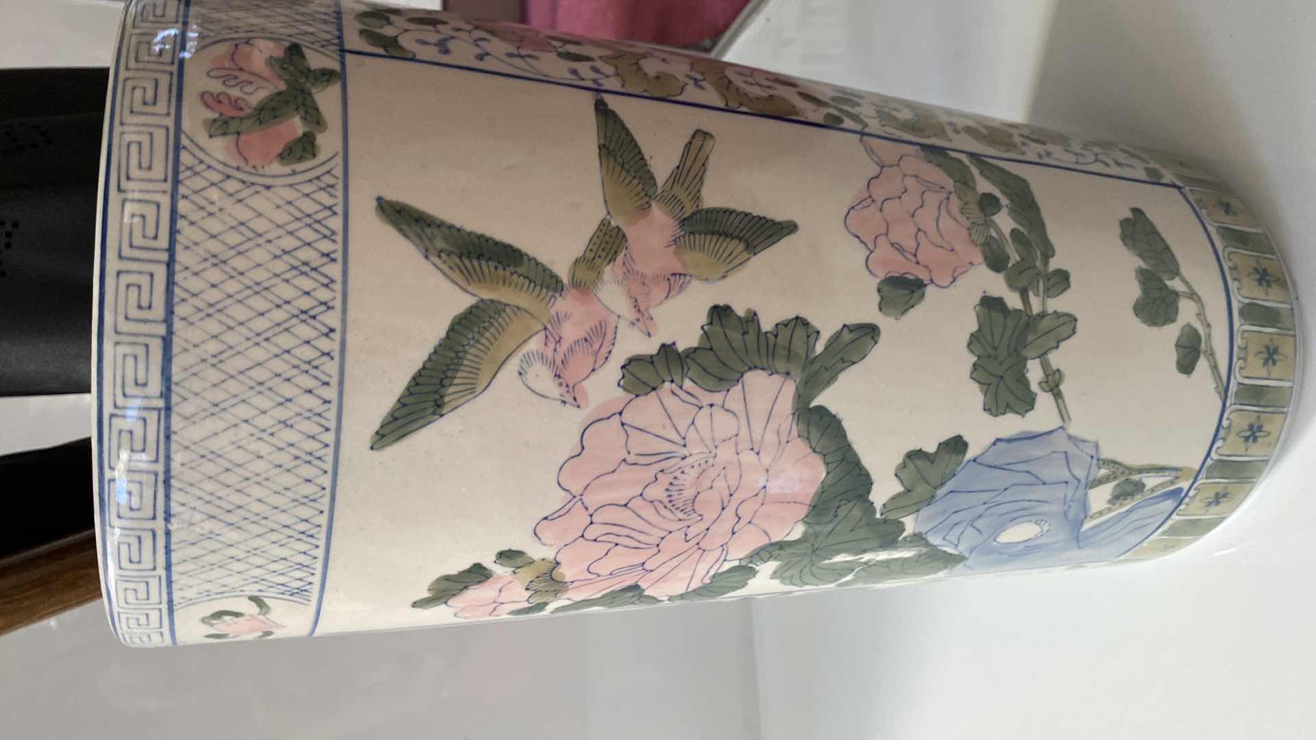 Photo 1 of $185 VINTAGE CHINESE CHINOISERIE UMBRELLA STAND GLAZED CERAMIC  INCLUDES UMBRELLAS 9” x 18”