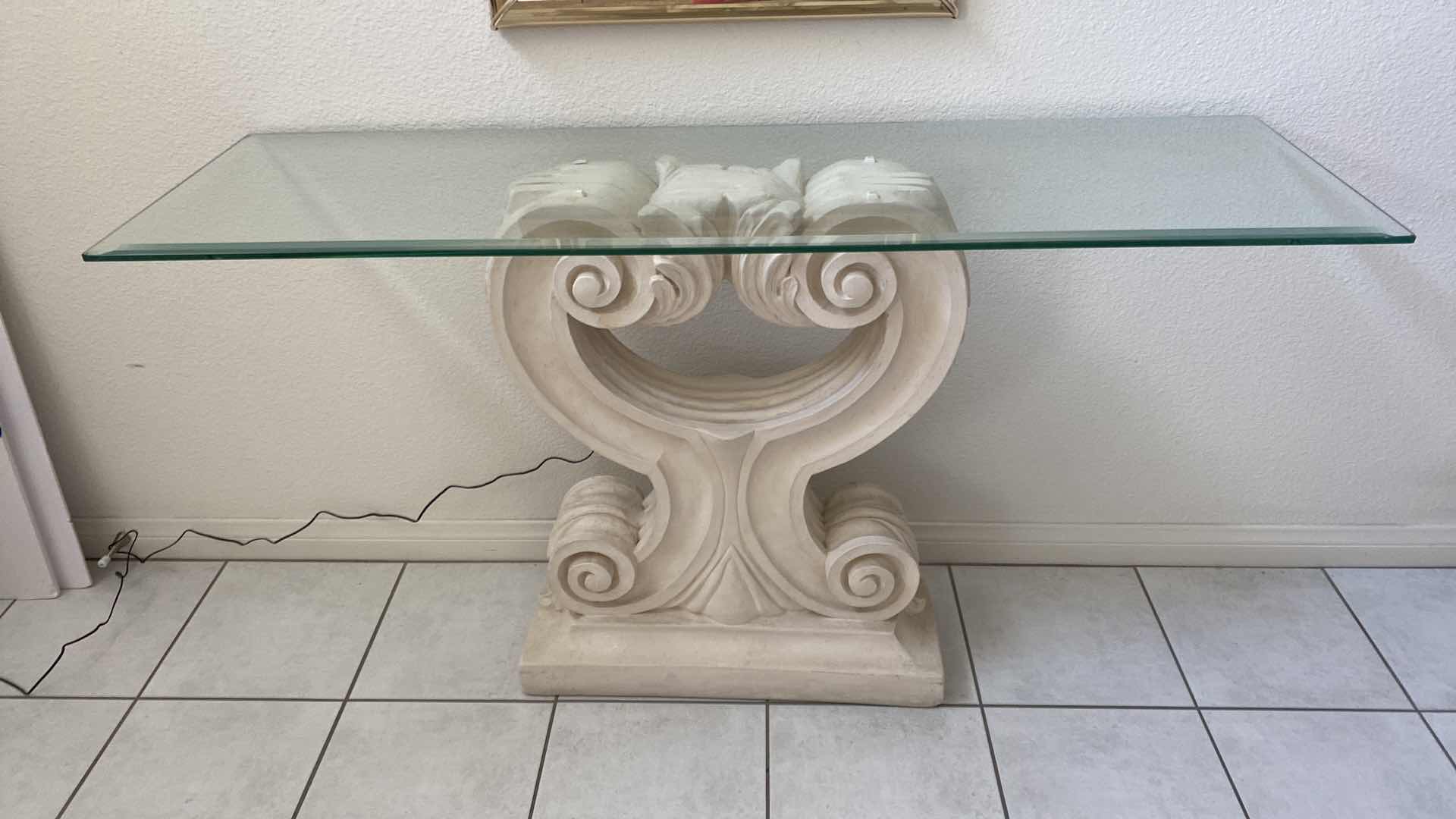 Photo 1 of CONSOLE TABLE WITH PLASTER ACANTHUS LEAF DESIGN & BEVELED GLASS TOP 52“ x 16 H 29 1/2“