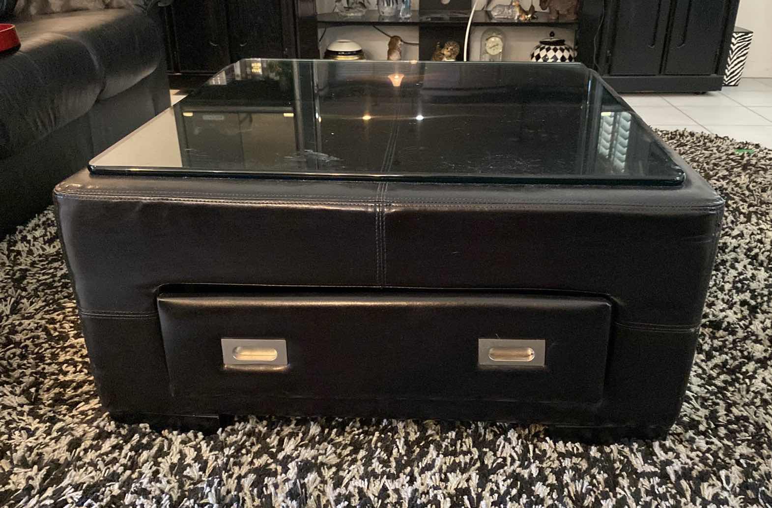 View 1 of BLACK BONDED LEATHER ONE DRAWER COFFEE TABLE 32“ x 32” H 17”