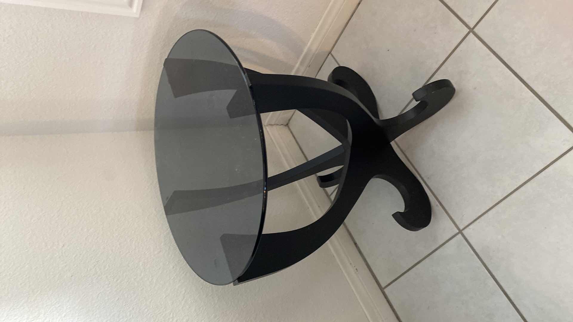 Photo 1 of BLACK WOOD ROUND TABLE WITH SMOKED GLASS TOP 17 1/2” x 21”