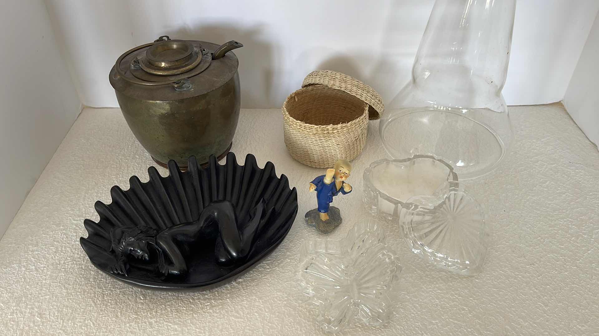 Photo 1 of ASSORTED HOME DECOR ITEMS,  GLASS TRINKET BOXES & BRASS TEA POT