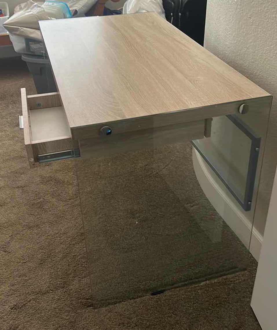 Photo 1 of SMALL GLASS AND WOOD DESK 441/2“ x 24 1/2“ x 29“