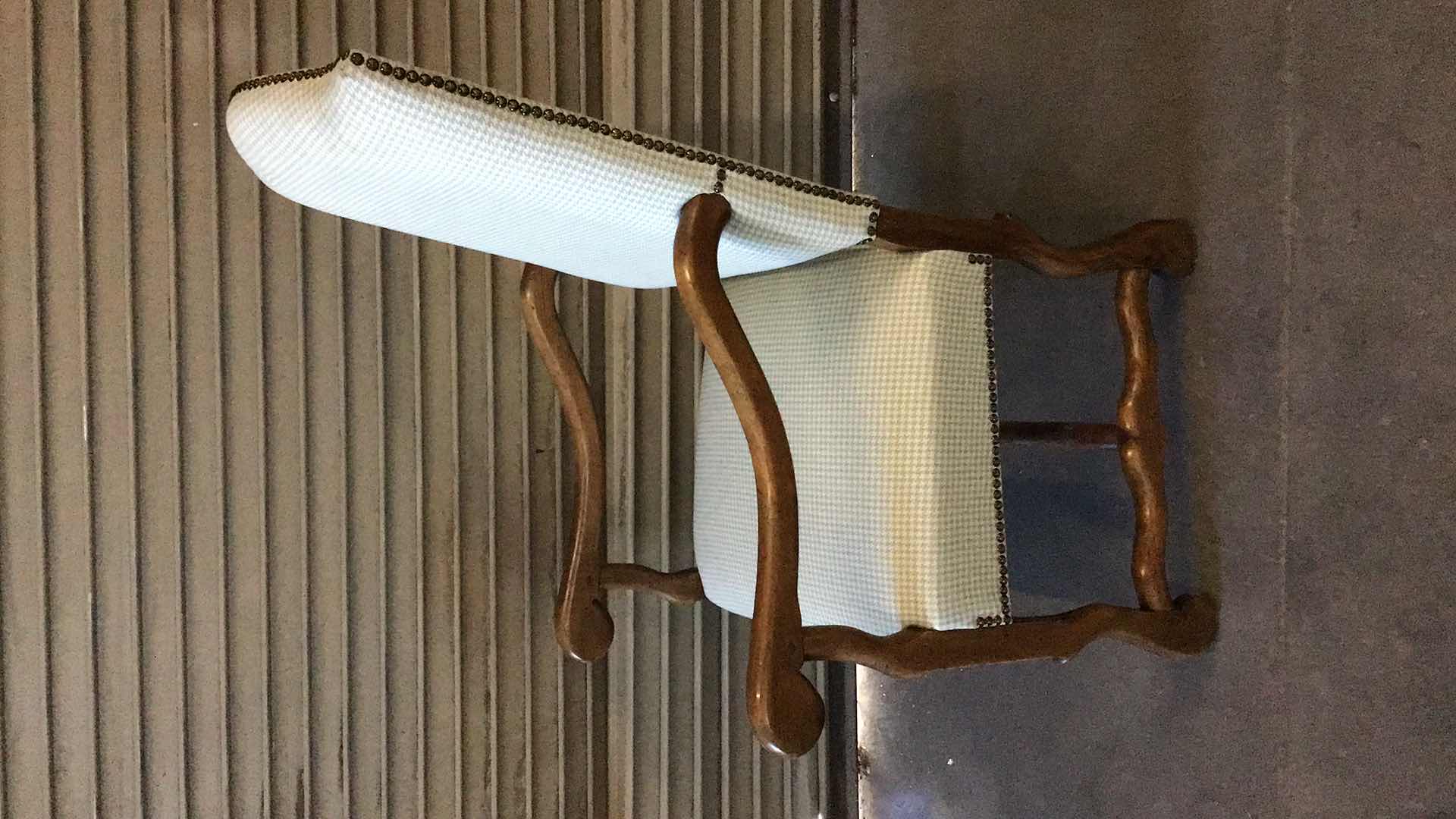 Photo 1 of WOOD AND PATTERNED FABRIC DINING/LIVING ROOM CHAIR 23” X 26” H46