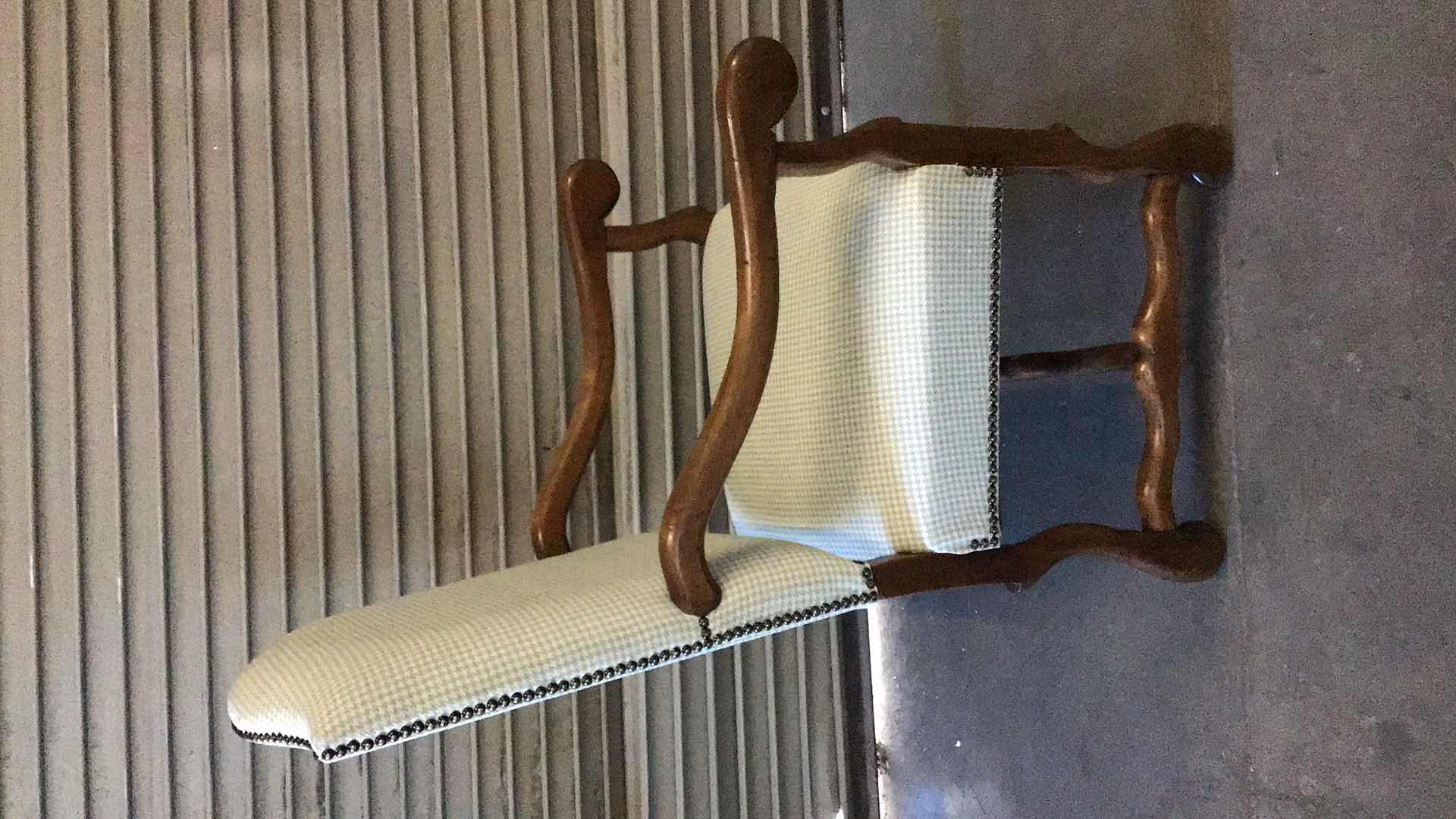 Photo 1 of WOOD AND PATTERNED FABRIC DINING/LIVING ROOM CHAIR 23” X 26” H46