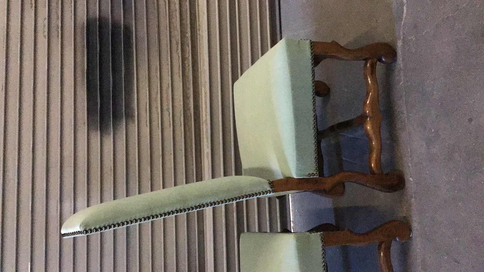 Photo 1 of FRENCH STYLE LIGHT GREEN UPHOLSTERED ARMLESS DINING CHAIRS (2) 20” X 23” H34"