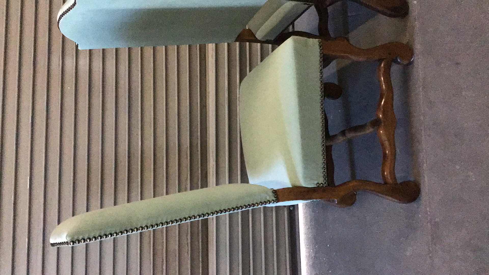 Photo 1 of FRENCH STYLE LIGHT GREEN UPHOLSTERED ARMLESS DINING CHAIRS (2) 20” X 23” H34"