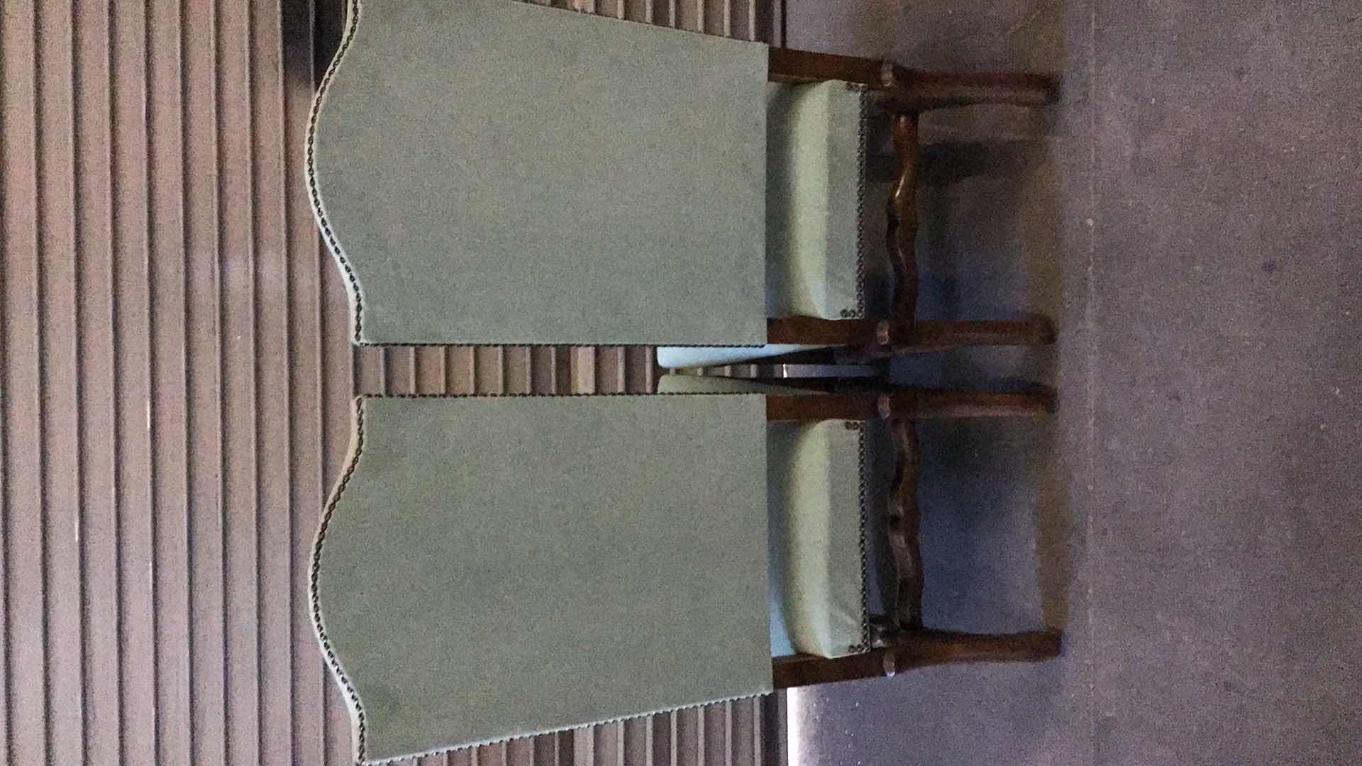 Photo 1 of FRENCH STYLE LIGHT GREEN UPHOLSTERED ARMLESS DINING CHAIRS (2) 20” X 23” H34"