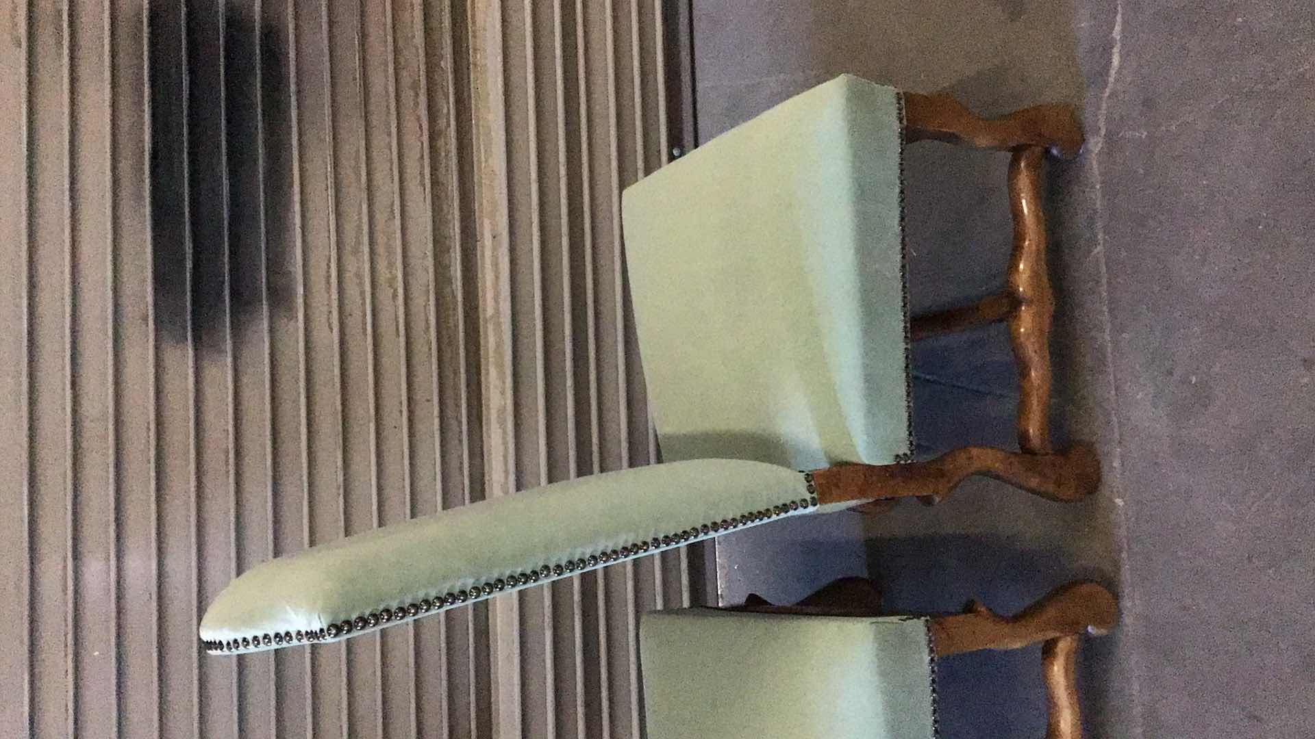 Photo 1 of FRENCH STYLE LIGHT GREEN UPHOLSTERED ARMLESS DINING CHAIRS (2) 20” X 23” H34"